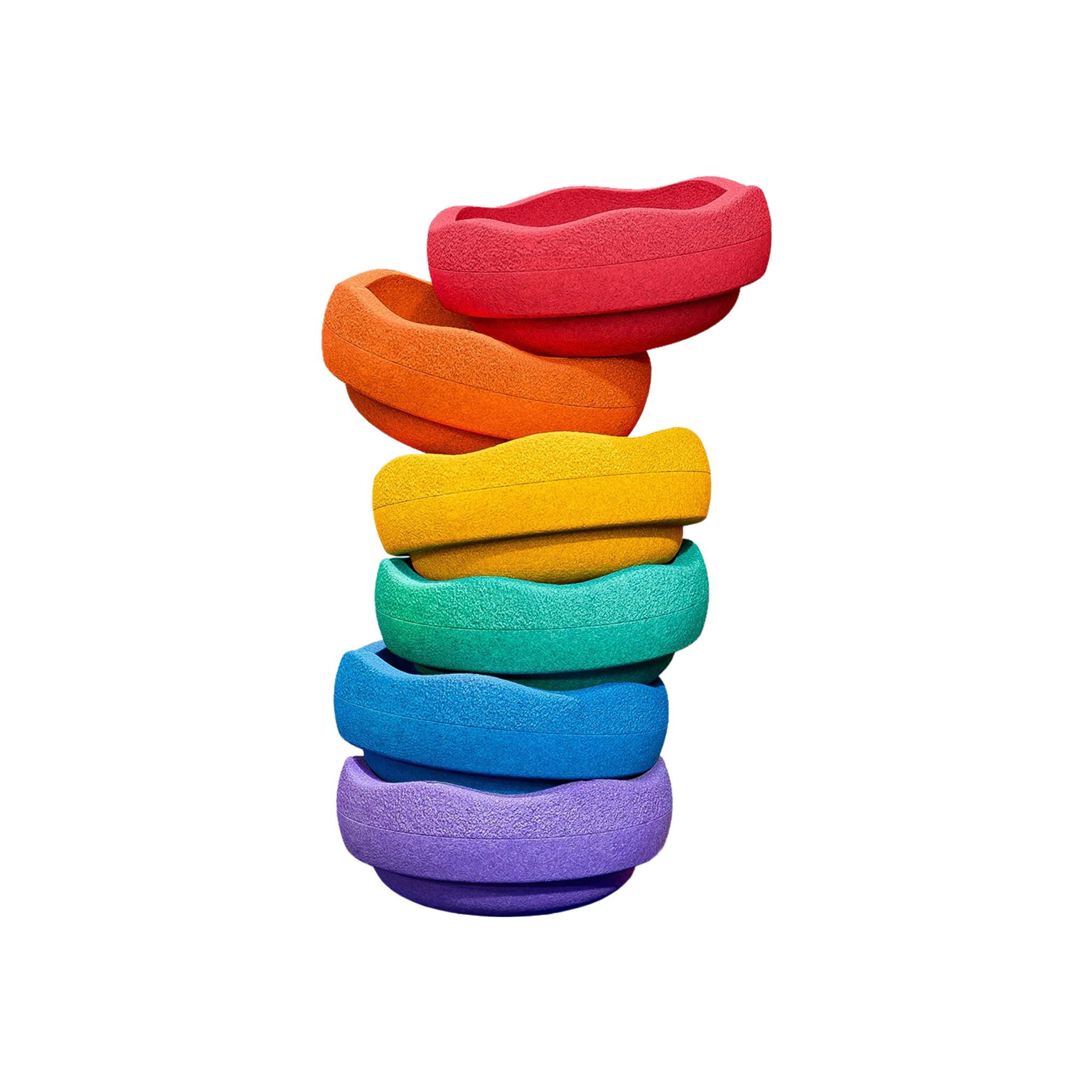 Stapelstein: Mini Regenbogen Classic (6 Steine) zeigt sechs übereinander gestapelte, wellenförmige, ovale Schalen. Die Ästhetik spiegelt das nachhaltige und moderne Design von KLICKKLACK wider.
