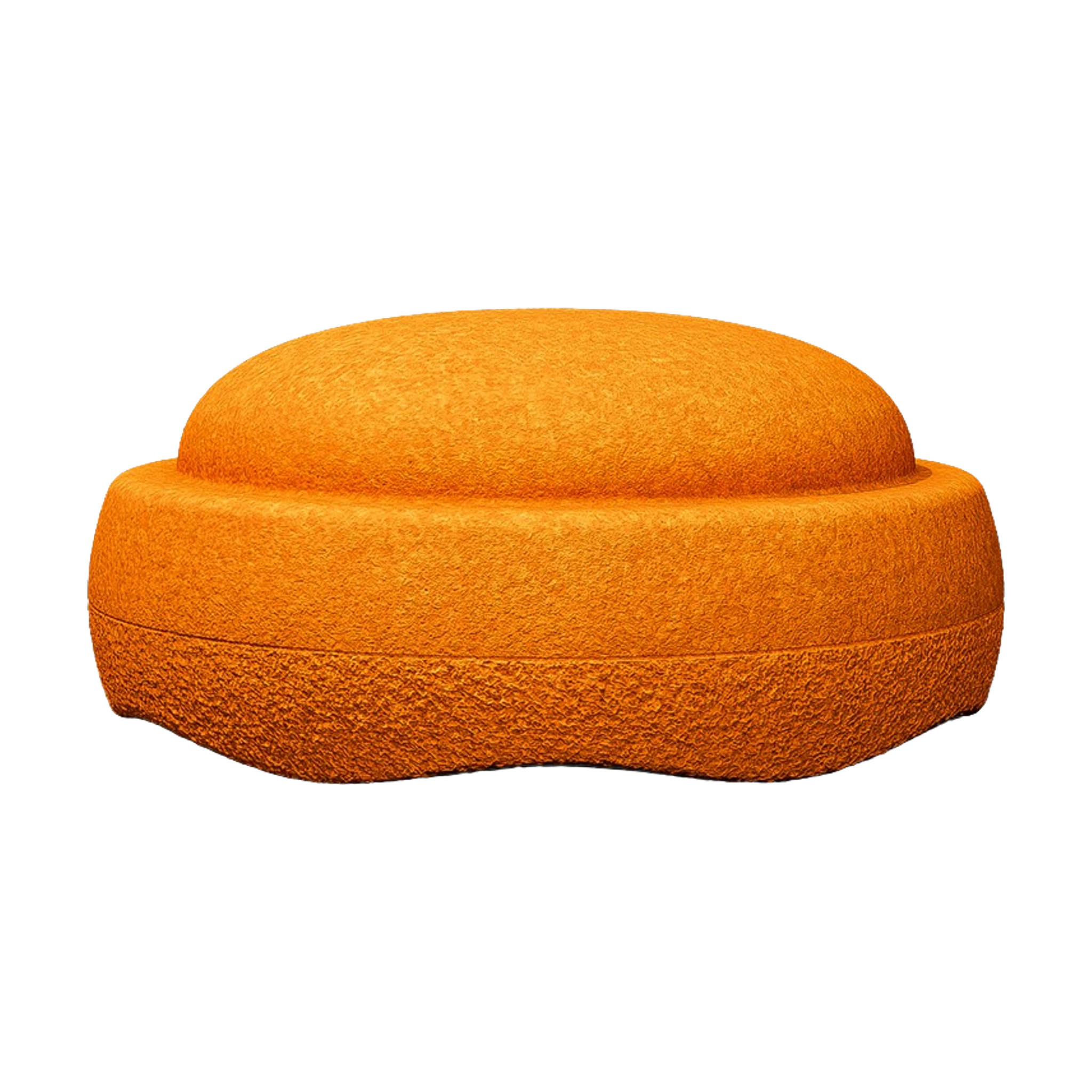 Stapelstein: Orange, ein kleiner, runder Pouf aus strukturiertem Stoff, präsentiert sich mit leicht gewölbter Oberseite auf einem stabilen, zylindrischen Sockel, ideal für nachhaltiges, modernes Wohnen.