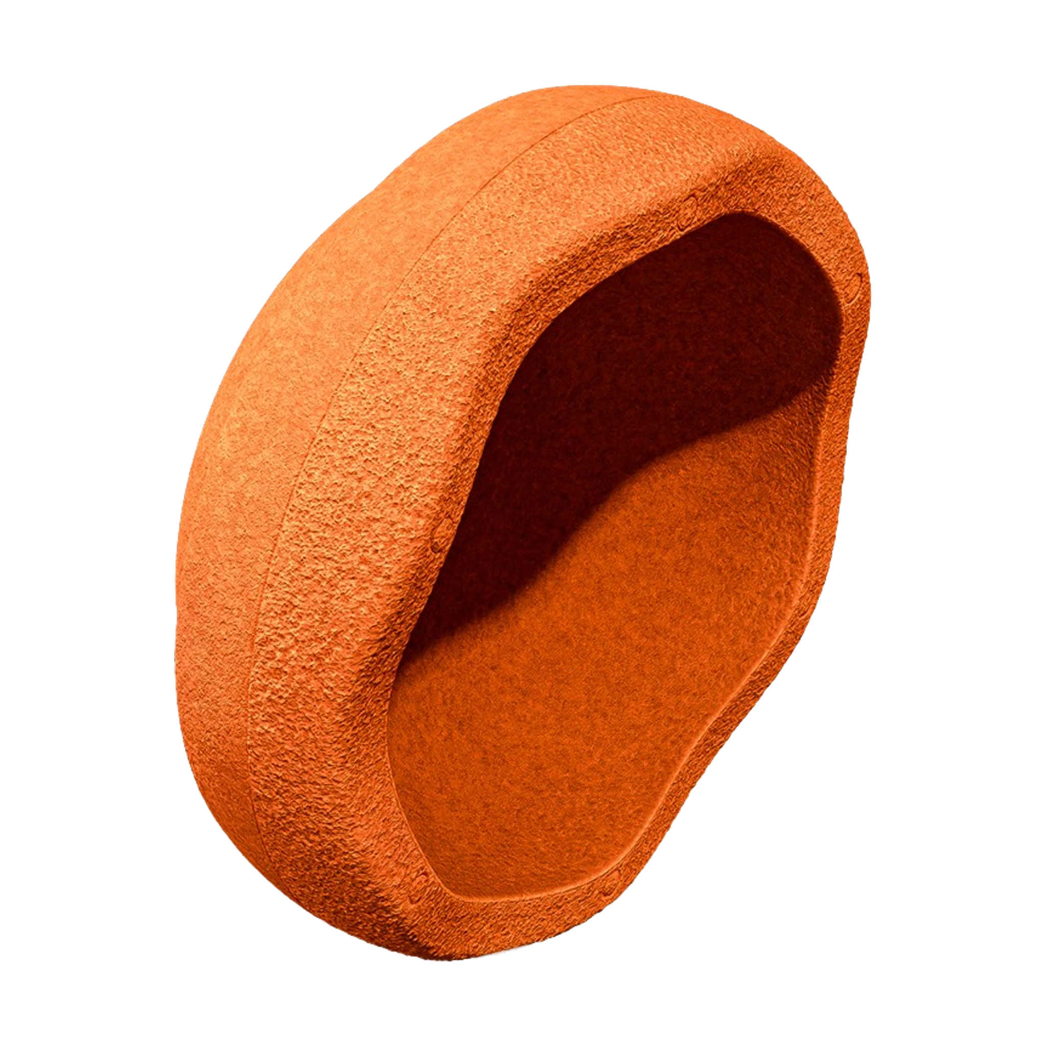 Stapelstein: Orange - Ein skulpturaler, halbgeschlossener Lounge-Sitz aus strukturiertem Filzmaterial, ideal für moderne Büroumgebungen, bietet Akustik- und Privatsphäre in KLICKKLACKs nachhaltigem Designanspruch.