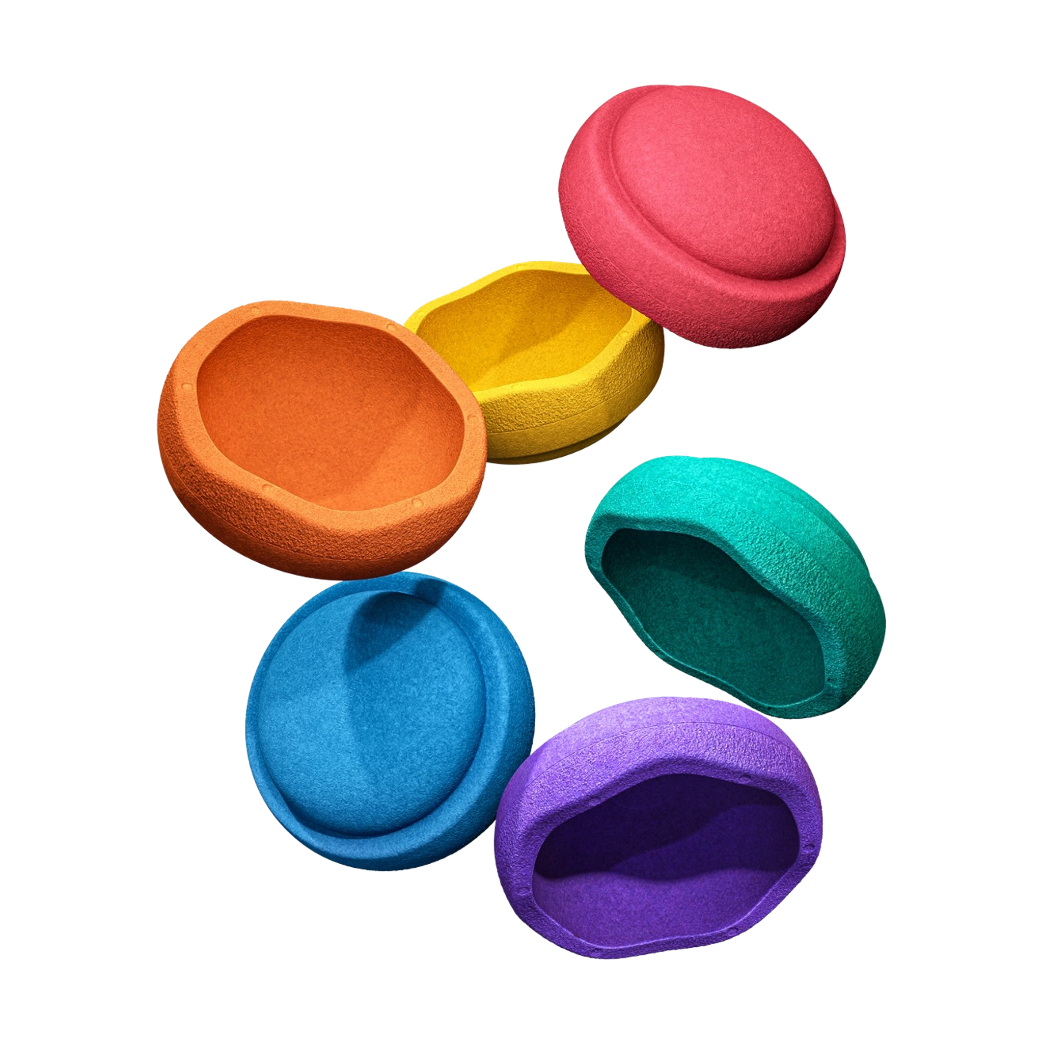 Stapelstein: Regenbogen Classic (6 Steine) – Sechs halbkreisförmige, strukturierte Schalen, die vielseitig einsetzbar sind, präsentieren sich stilvoll und modern, ideal für nachhaltige und kreative Anwendungen.