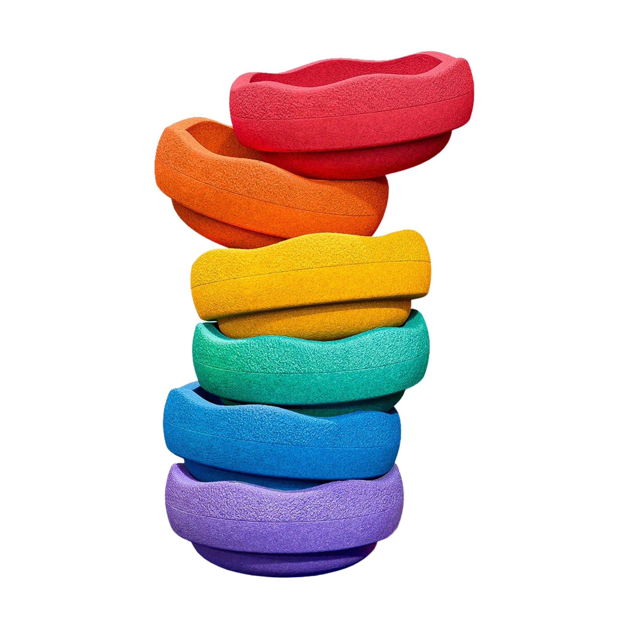 Stapelstein: Regenbogen Classic (6 Steine) zeigt sechs stapelbare, ovale Schalen aus strukturiertem Schaumstoff. Diese farbenfrohen Formen fördern Balance und Spielspaß, ideal für kreative Kinderaktivitäten bei KLICKKLACK.