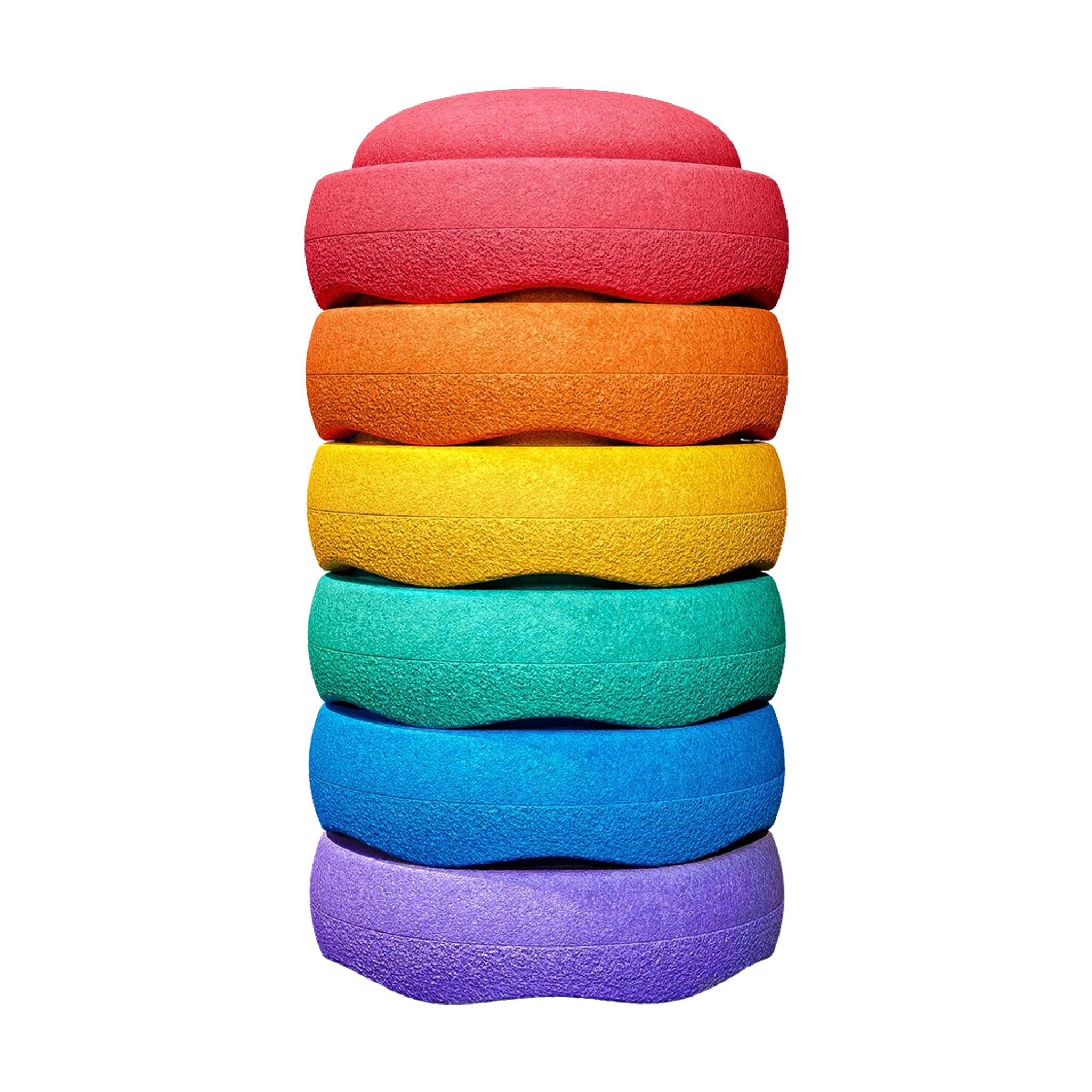 Stapelstein: Regenbogen Classic (6 Steine), ein vertikaler Stapel schaumiger, wellenförmiger Spielsteine, ideal für Kinder zum Balancieren oder als Sitzgelegenheiten im Spielzimmer.