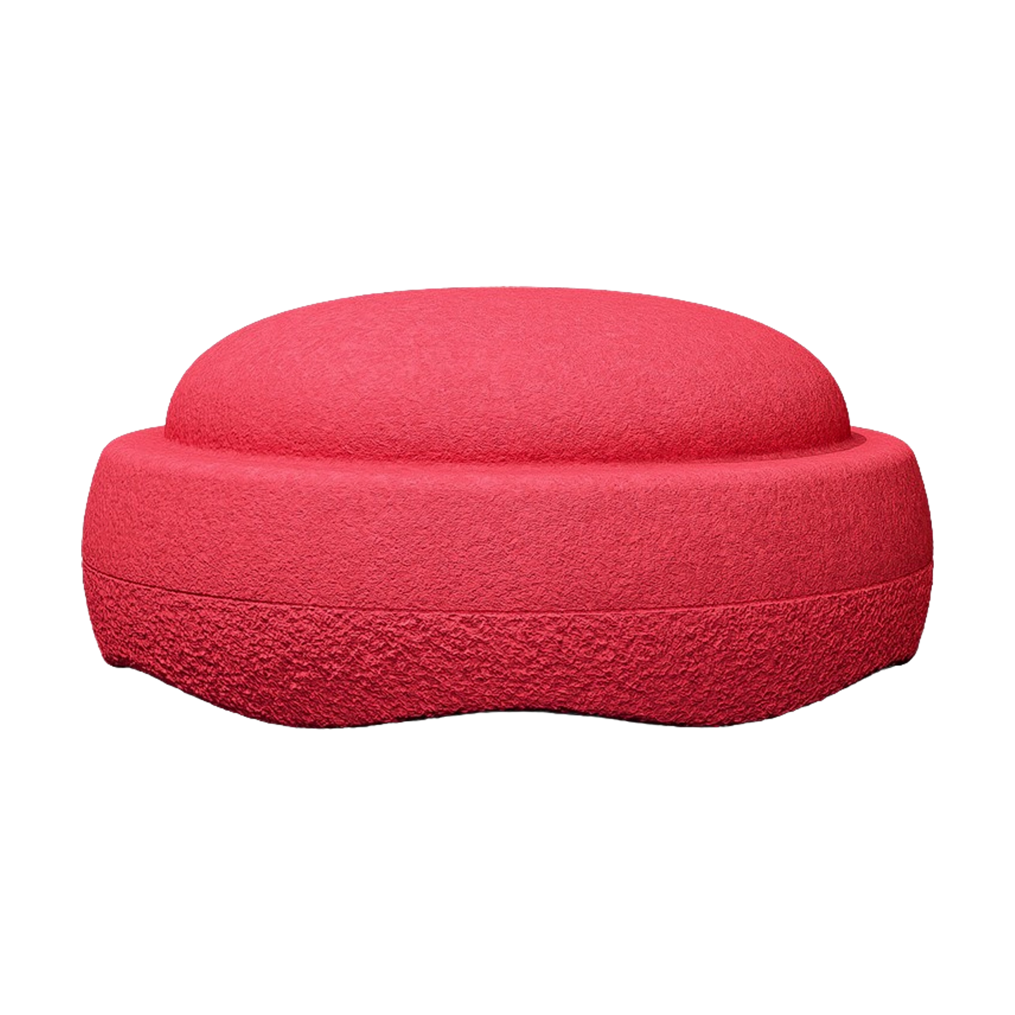 Der Stapelstein: Red ist ein skulpturaler Pouf mit abgerundeter, gestufter Form, bezogen mit strukturiertem Stoff. Ideal als bodennahes Sitzmöbel oder Fußhocker, verkörpert er modernes Design und nachhaltige Produktion.