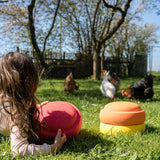 Ein Kind liegt auf dem Rasen und hält einen Stapelstein, während zwei weitere Stapelstein: Yellow neben ihr gestapelt sind. Im Hintergrund sind Hühner und ein Zaun zu sehen.