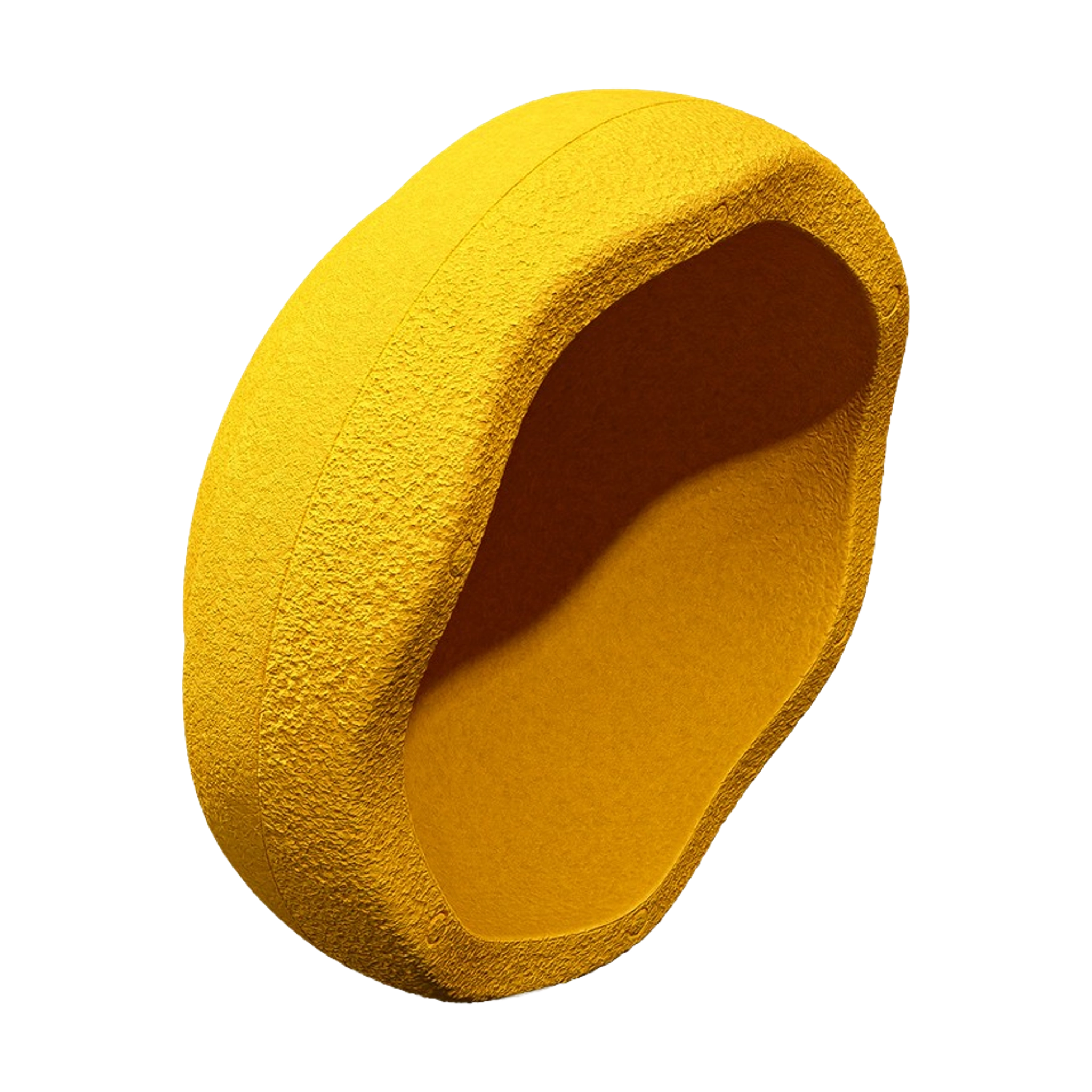 Einzelnes, abstraktes, senfgelbes Pod-Objekt, Stapelstein: Yellow, mit weichen, abgerundeten Kanten und einer leicht rauen Textur, bildet eine höhlenartige Vertiefung auf neutralem Hintergrund.