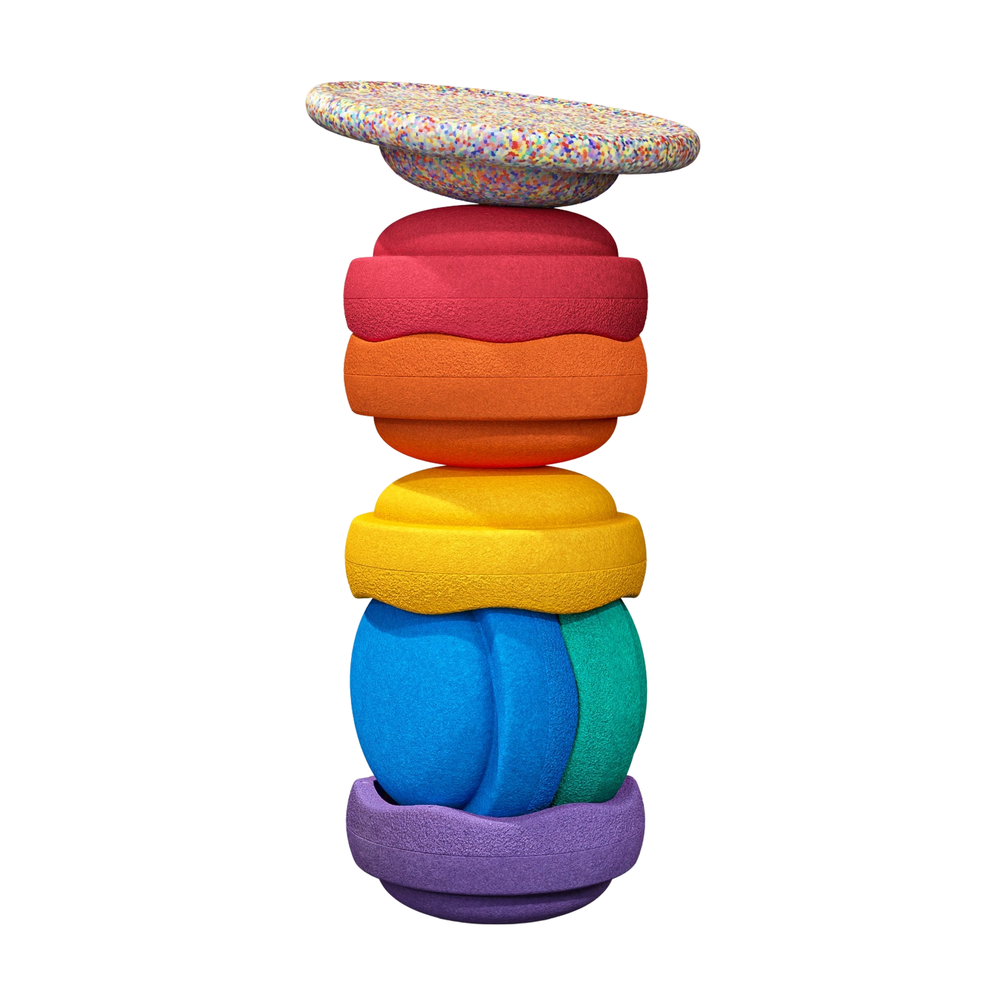 Produktbild von Stapelstein: Regenbogen Classic (6+1 Balance Board), zeigt sieben weiche, kissenartige Formen in unterschiedlichen Farben und Mustern, übereinandergestapelt, ideal für kreatives Spiel und Balanceübungen.