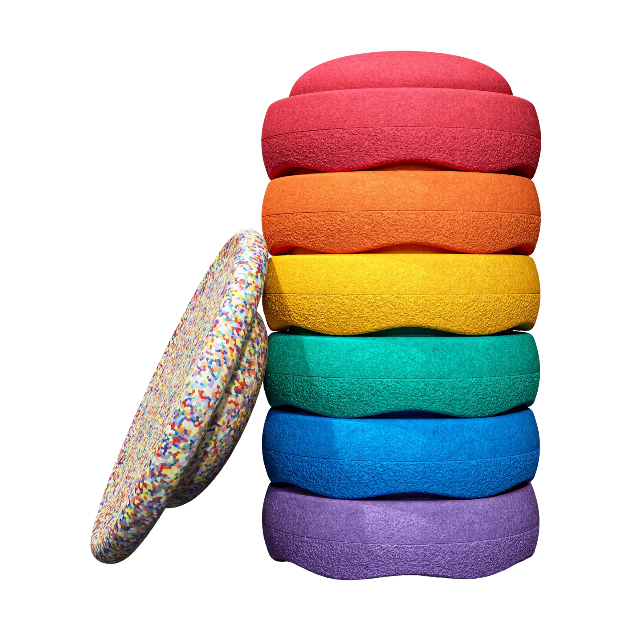 Stapelstein: Regenbogen Classic (6+1 Balance Board) zeigt sieben gestapelte, strukturierte Schaumscheiben und eine mit buntem Sprinkles-Muster. Perfekt für Balance-Übungen, vereint Design und Nachhaltigkeit von KLICKKLACK.