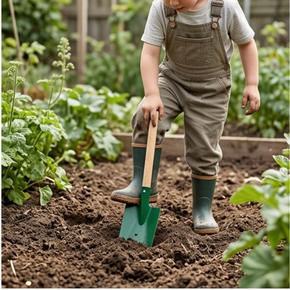 Ein Kind gräbt mit einem grünen Handspaten aus dem Kindergartenset in einem Gartenbeet. Umgeben von Pflanzen, trägt es Gummistiefel und Latzhose, passend zum nachhaltigen Spielzeug von KLICKKLACK.