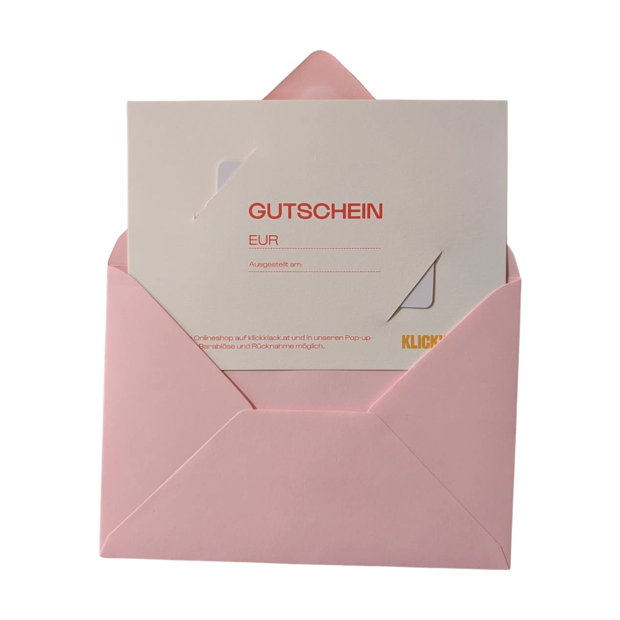 Geschenkgutschein analog: Eine hochwertige Karte in einem eleganten, geöffneten, hellrosa Kuvert. Der Gutschein, mit Feldern für Betrag und Ausstellungsdatum, repräsentiert stilvoll Freude und Nachhaltigkeit von klickklack.at.