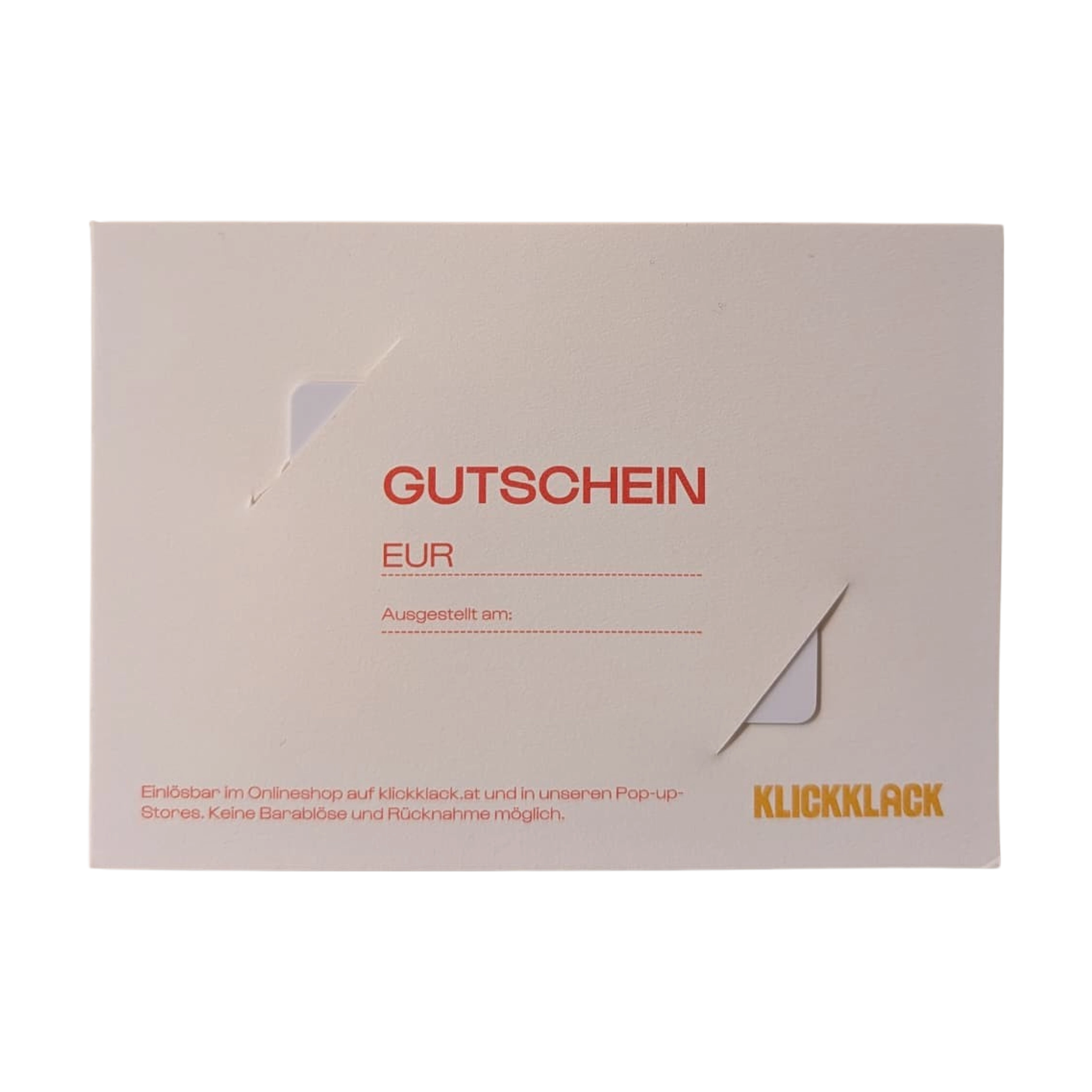 Geschenkgutschein analog von KLICKKLACK, gestaltet als hochwertige Scheckkarte. Enthält Felder für Betrag und Ausstellungsdatum, einlösbar online und in Pop-up-Stores. Kein Umtausch, kein Bargeld. Minimalistisches Design.