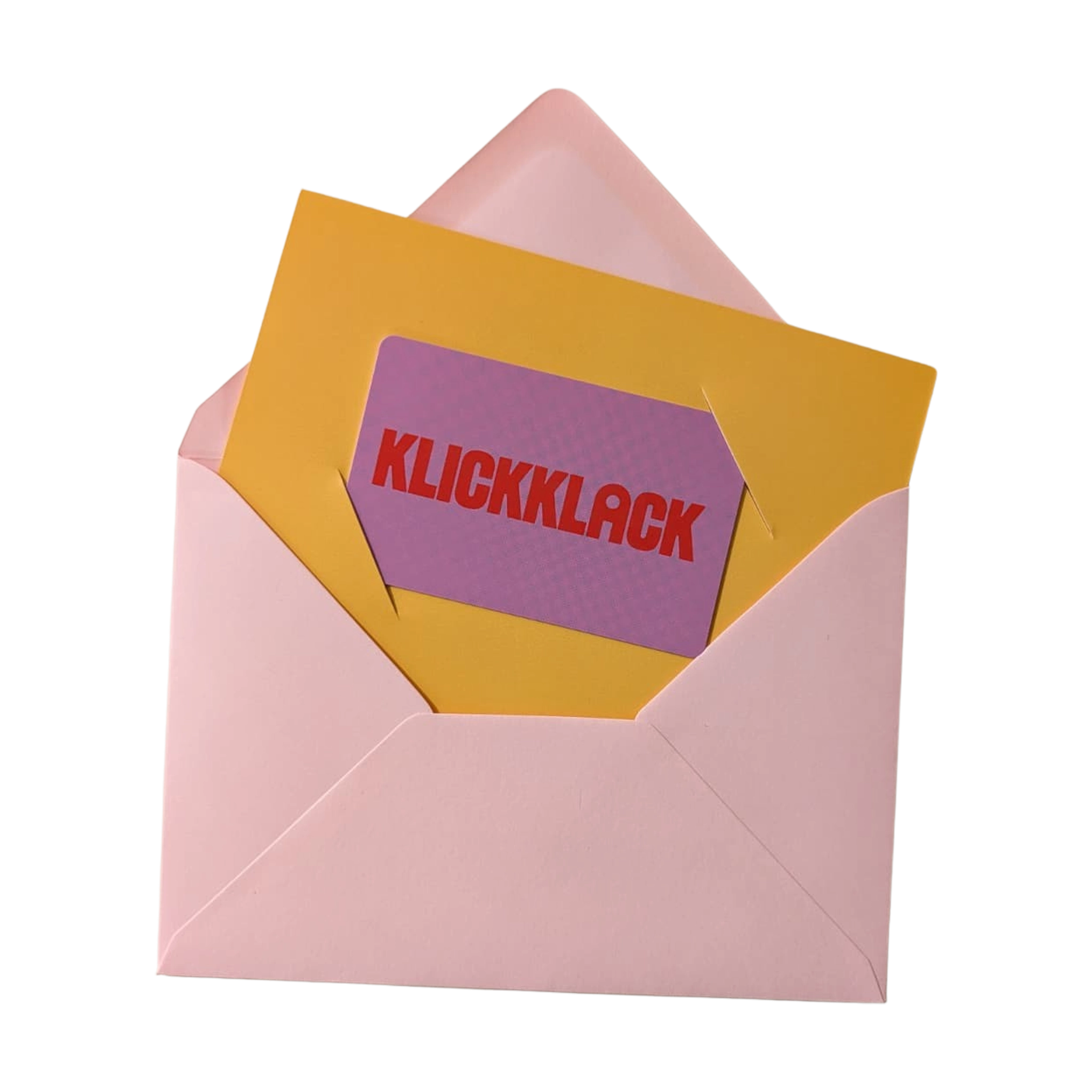 Geschenkgutschein analog: Eine geöffnete rosa Umschlaghülle enthüllt eine leuchtend gelbe Karte mit einem lila Einleger. Auf diesem steht KLICKKLACK in kräftigen roten Buchstaben, passend zum stilvollen, nachhaltigen Designanspruch des Geschäfts.