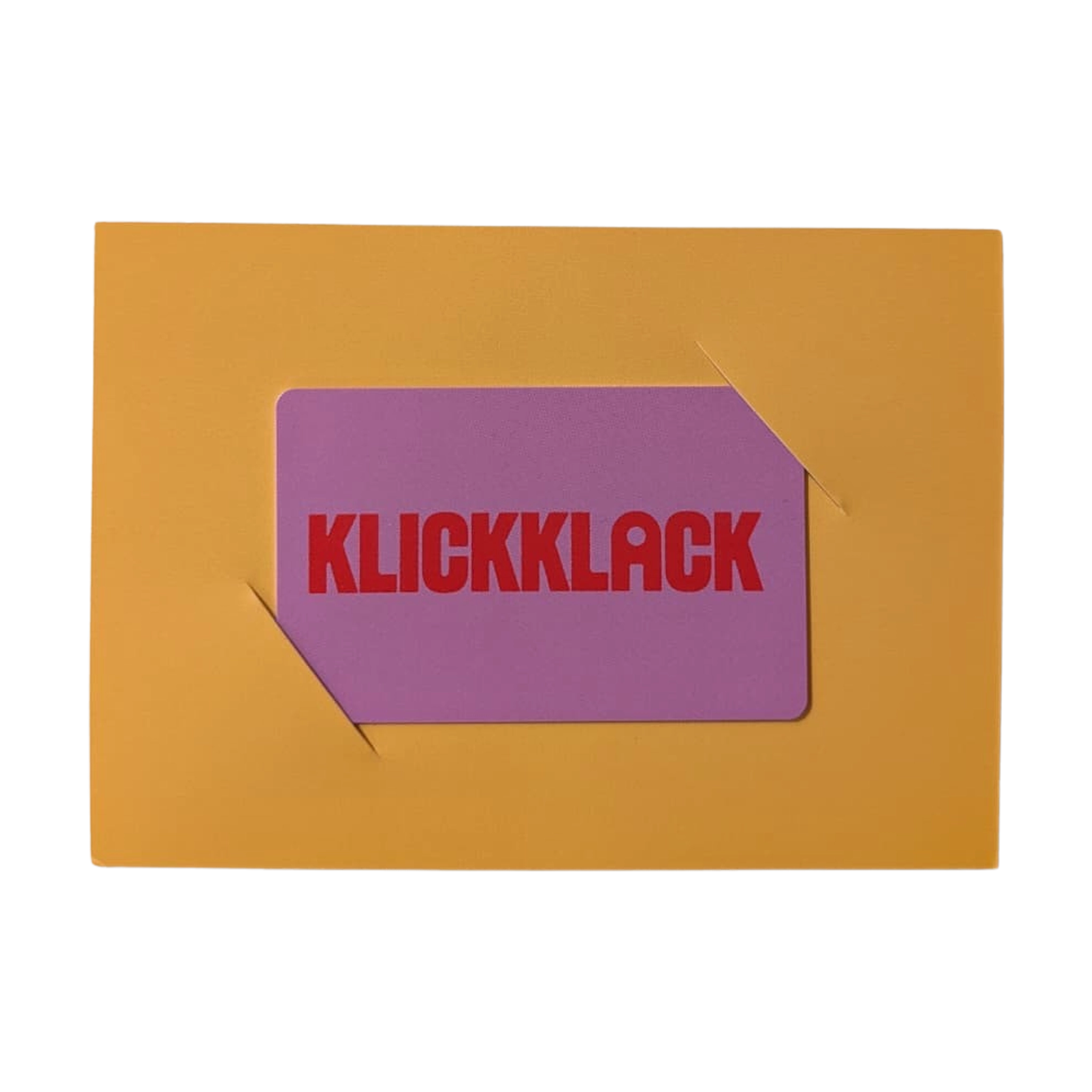 Geschenkgutschein analog: Ein eleganter Gutschein in Form einer lila Karte mit rotem KLICKKLACK-Schriftzug, stilvoll präsentiert in einem goldgelben Rahmen. Perfekt zum Verschenken von Freude und nachhaltigem Design.