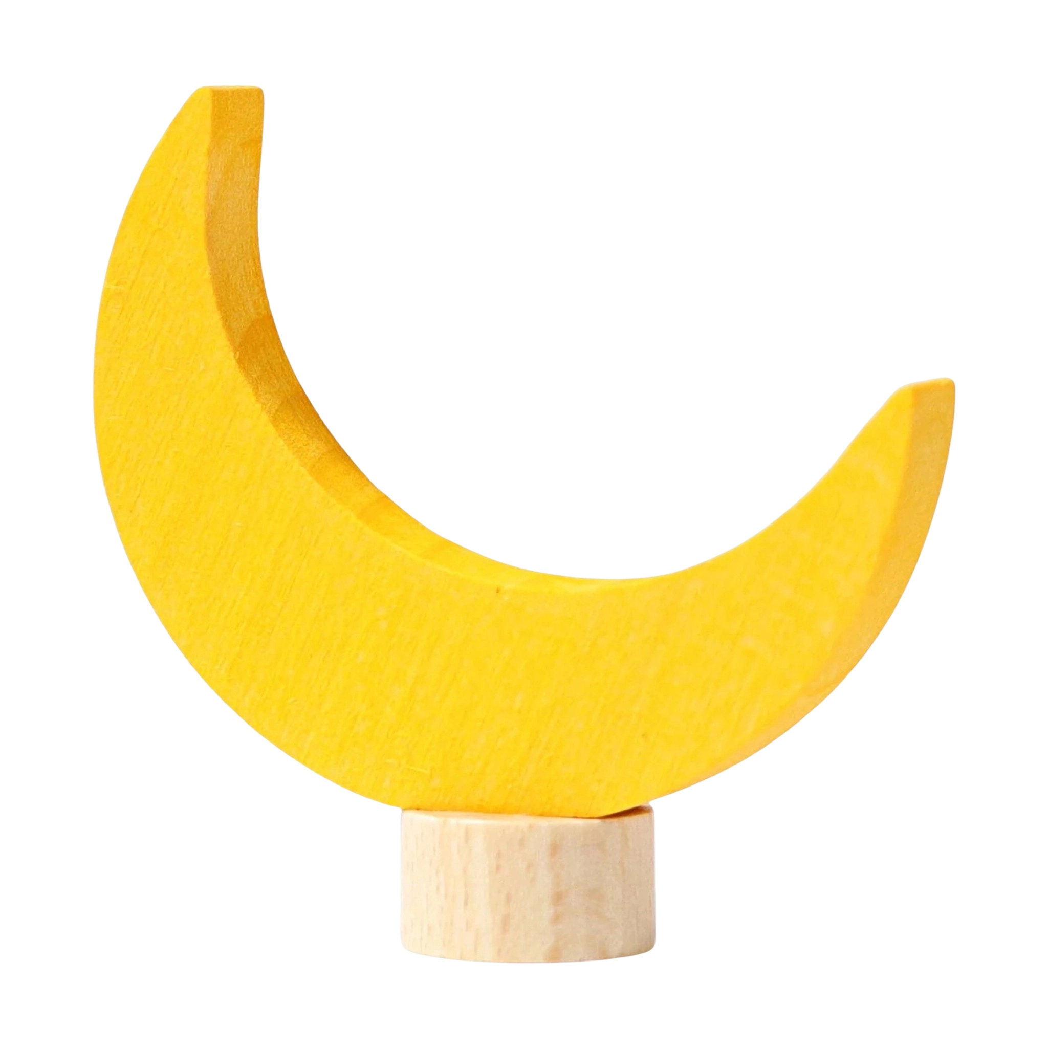 Steckfigur: Mond aus handbemaltem Lindenholz, in leuchtendem Gelb als Halbmond geformt, auf einem kleinen, naturbelassenen Holzsockel. Ideal zur Tischdekoration an Geburtstagen; kombinierbar mit weiteren Figuren von KLICKKLACK.
