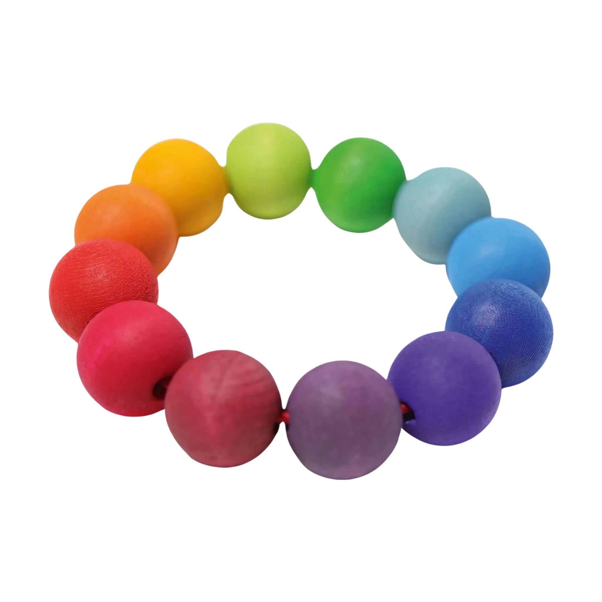 Perlenring regenbogenfarbig aus Ahornholz mit bunten Holzperlen. Fördert Greifen und Feinmotorik bei Babys. Handgefertigt in Deutschland, ideal für kleine Hände. Perfekt für moderne, nachhaltige Ästhetik von KLICKKLACK.