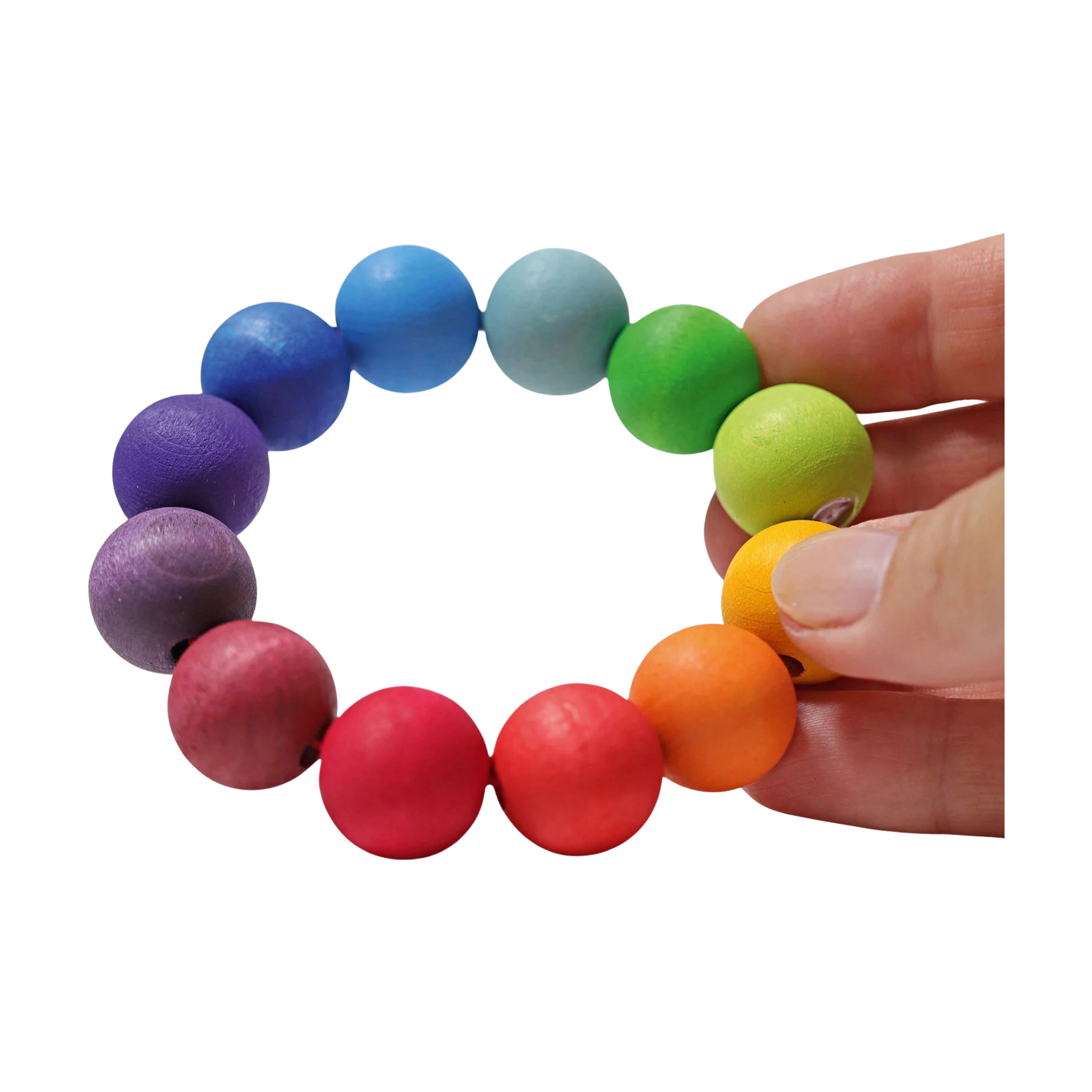 Perlenring regenbogenfarbig: Ein handgehaltener Greifling aus großen, lebhaft bemalten Holzperlen auf elastischem Band. Ideal für Babys, um erstes Greifen zu fördern. Handgefertigt in einer deutschen Manufaktur.
