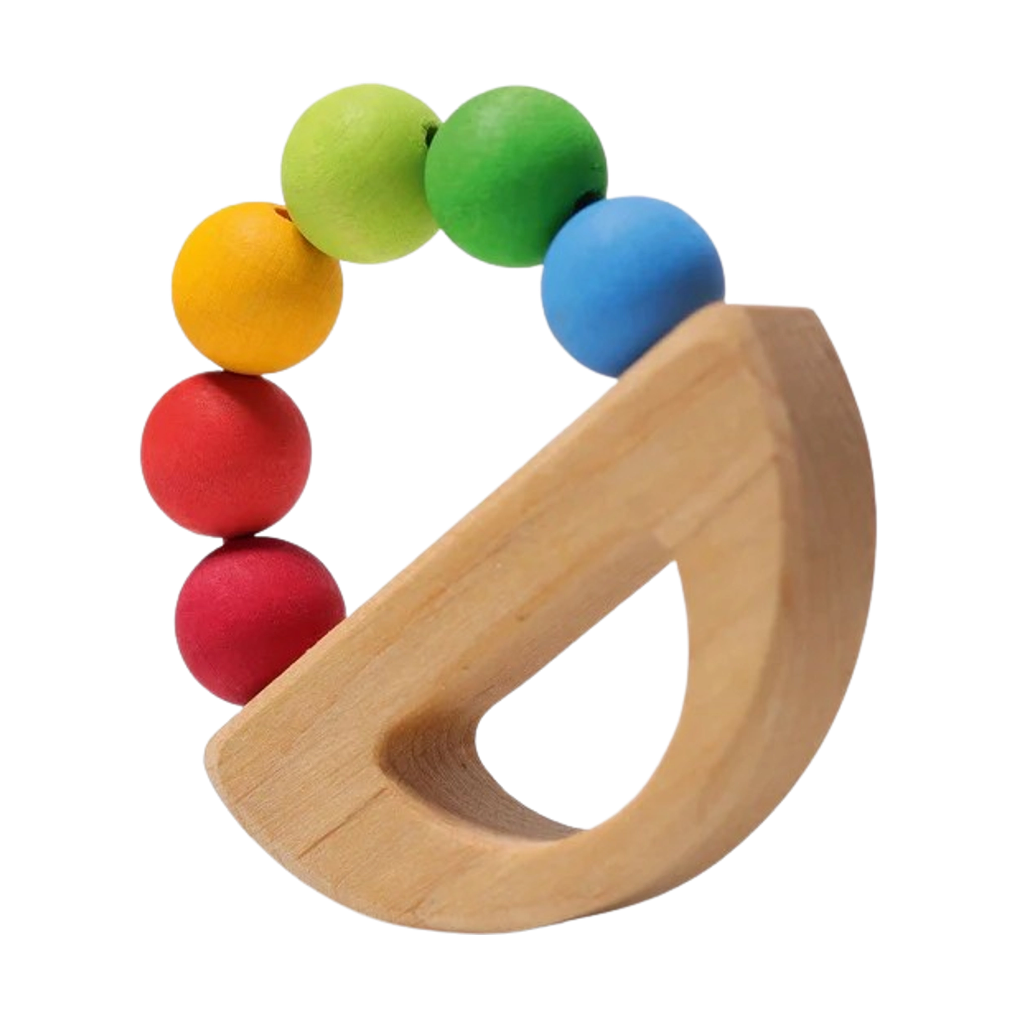 Regenbogen Schiff: Handgefertigtes Babyspielzeug mit einem halbmondförmigen Buchenholzgriff und sechs regenbogenfarbenen Holzkugeln, ideal zum Fördern der Feinmotorik und als nachhaltiges Designprodukt aus Deutschland.