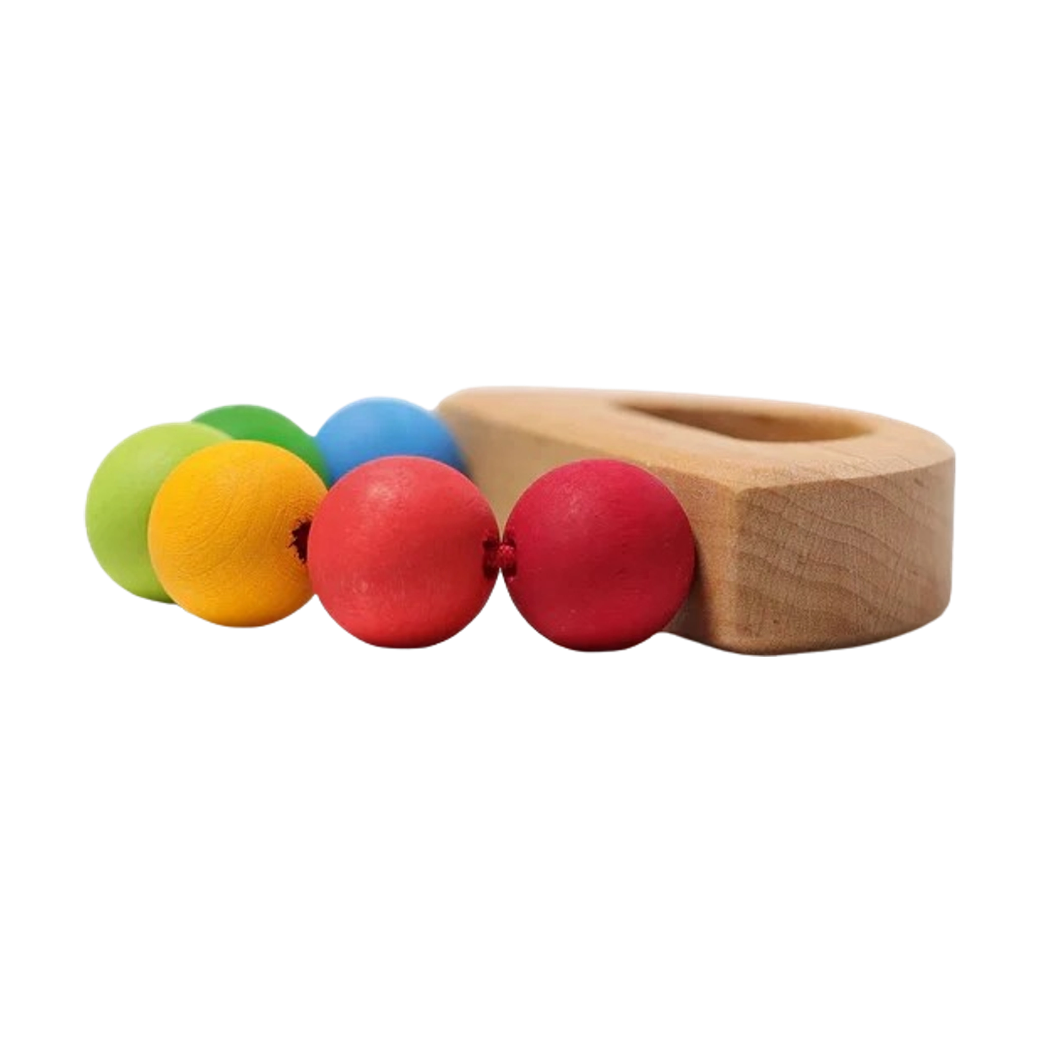 Regenbogen Schiff: Ein handgefertigtes Greifspielzeug aus massivem Ahorn- und Buchenholz, mit sechs großen, runden Holzkugeln, ideal für Babys zum Greifen und zur Förderung der Feinmotorik.