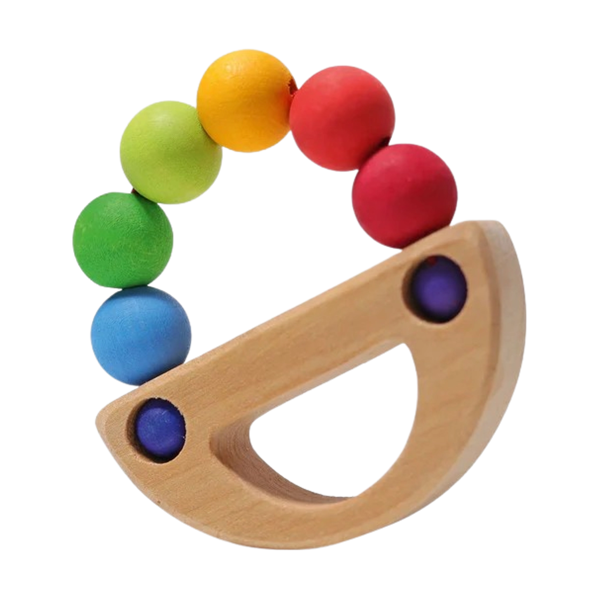 Regenbogen Schiff: Kleines Holzspielzeug aus Ahorn- und Buchenholz mit sechs Regenbogen-Holzkugeln, ideal als Greifling oder Beißring. Fördert Feinmotorik, handgefertigt in einer deutschen Manufaktur.