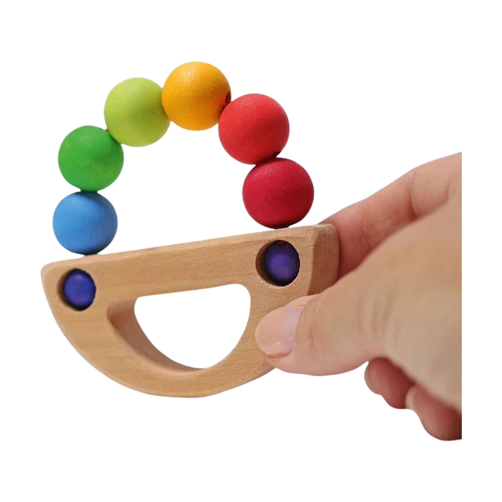 Regenbogen Schiff: Handgefertigtes Babyspielzeug aus massivem Ahorn- und Buchenholz, mit zwei Drehpunkten und sechs beweglichen Holzkugeln, die sanftes Spiel fördern. Hergestellt in einer deutschen Manufaktur.