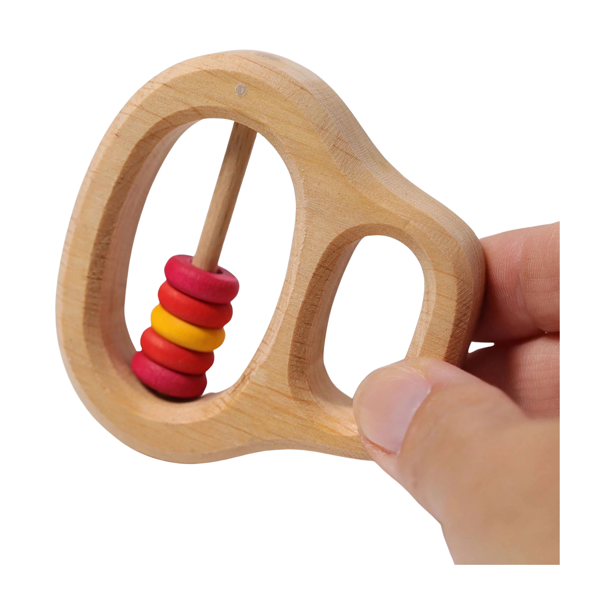 Klipp-Klapp Rot: Handgefertigtes Babyspielzeug aus geöltem Erlenholz, mit beweglichen roten und gelben Holzscheibchen auf einem Stab; fördert Greif- und Feinmotorik, hergestellt in Deutschland.