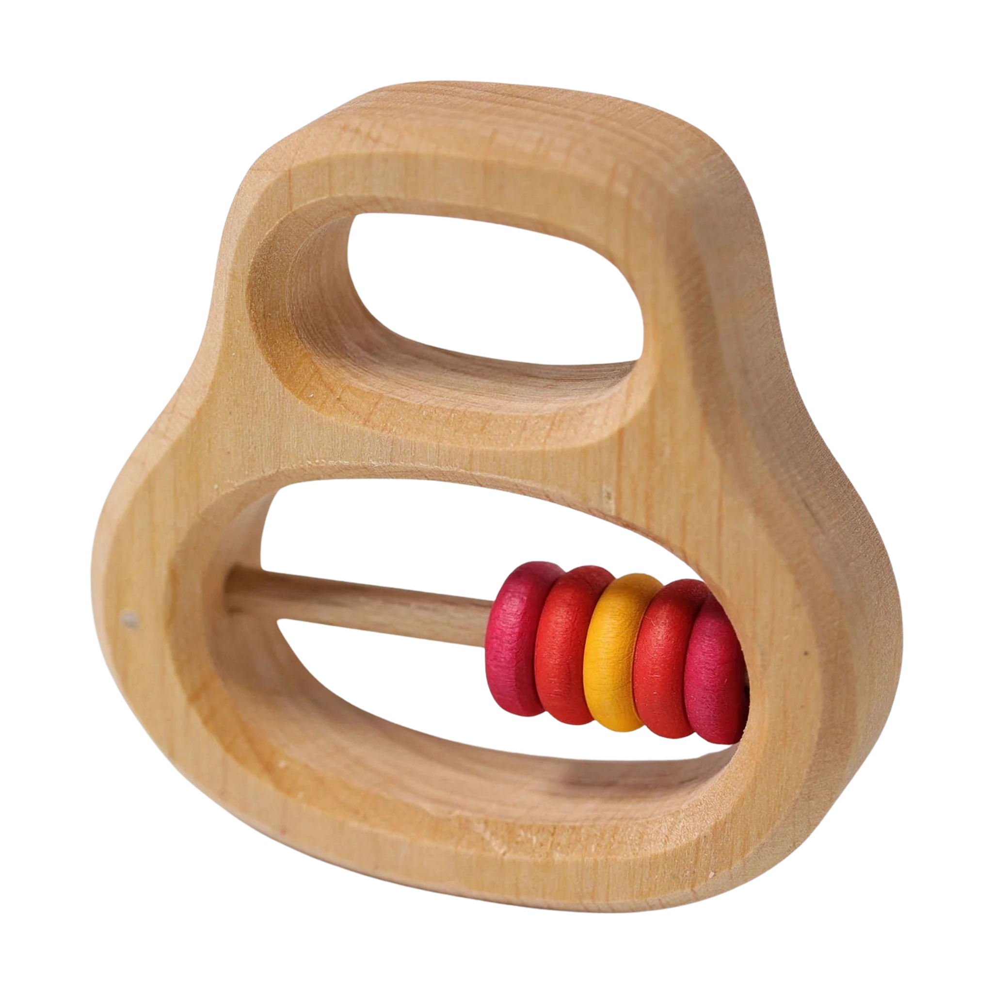 Klipp-Klapp Rot: Holz-Greifling mit rundem Dreiecksrahmen, geöltem Erlenholz und vier beweglichen Holzperlen in Rot- und Gelbtönen. Fördert Babys Feinmotorik. Hergestellt in einer deutschen Manufaktur.