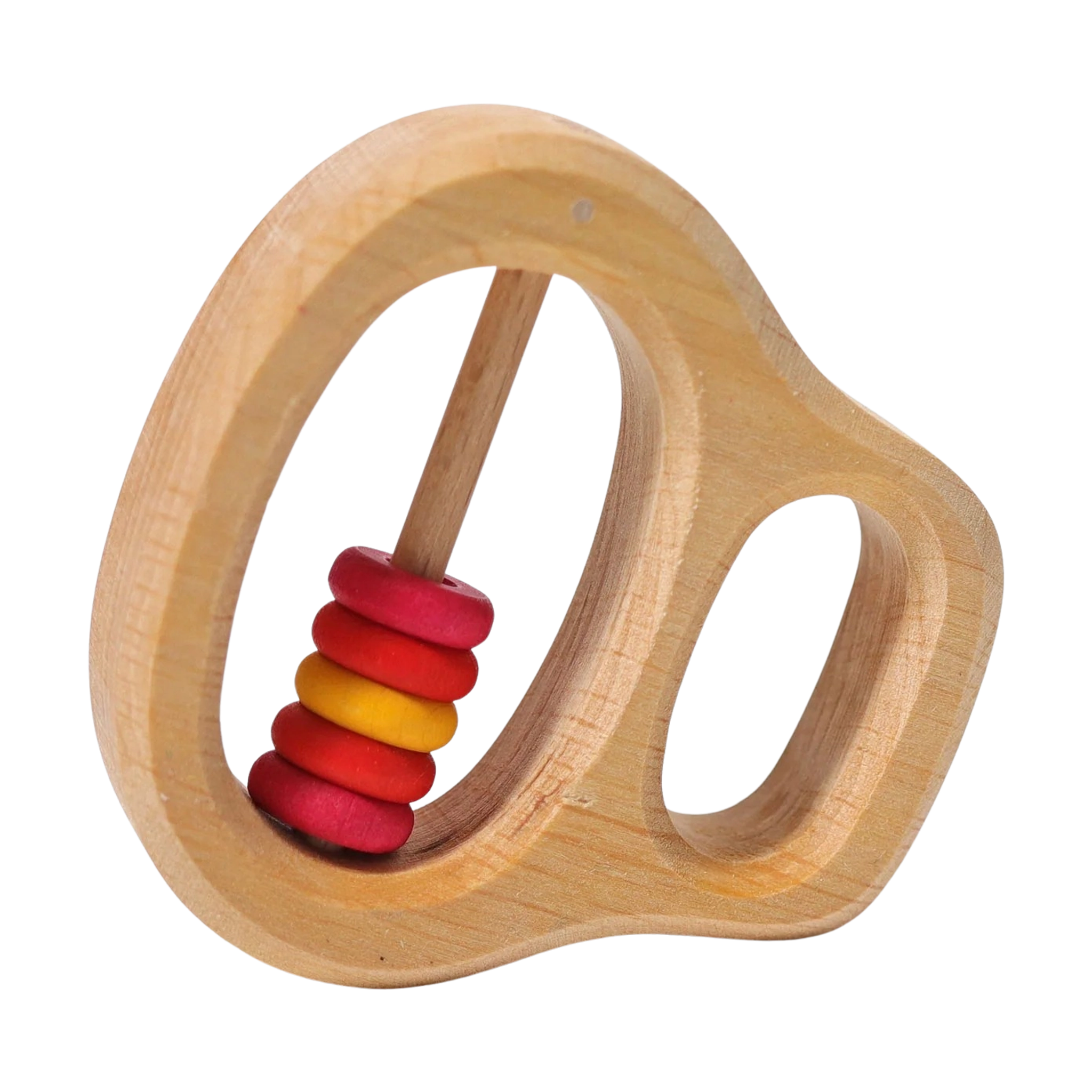 Das Klipp-Klapp Rot ist ein handgefertigtes Babyspielzeug aus geöltem Erlenholz mit natürlicher Maserung, ideal zum Greifen und zur Förderung der Feinmotorik, ausgestattet mit fünf beweglichen Holzscheibchen.