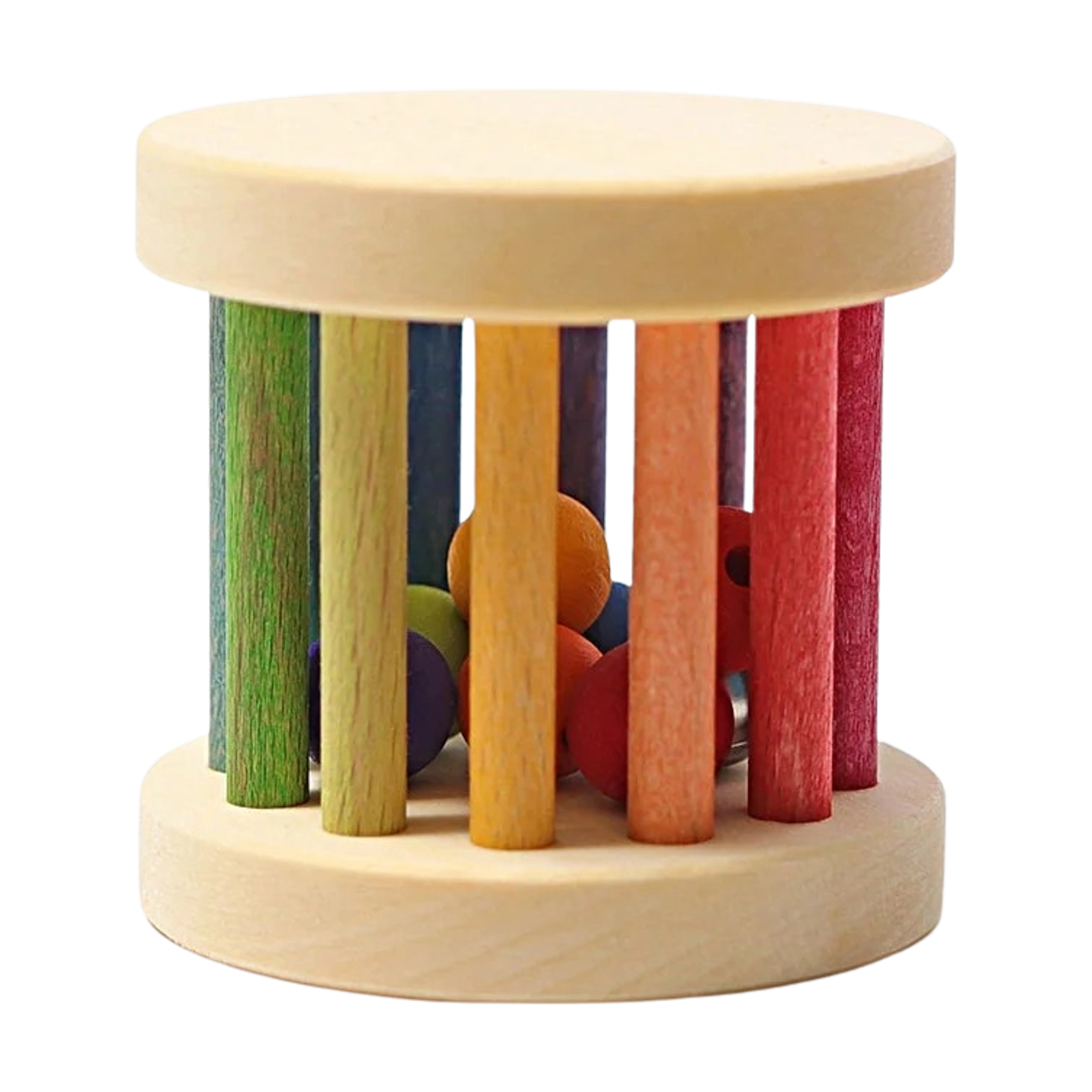Rassel: Regenbogen Mini-Babyroller aus Linden- und Buchenholz mit farbigen Holzstäben und Kugeln. Handgefertigt in Deutschland, fördert Greifen und Feinmotorik bei Babys. Nachhaltige, ästhetische Spielzeugauswahl von KLICKKLACK.