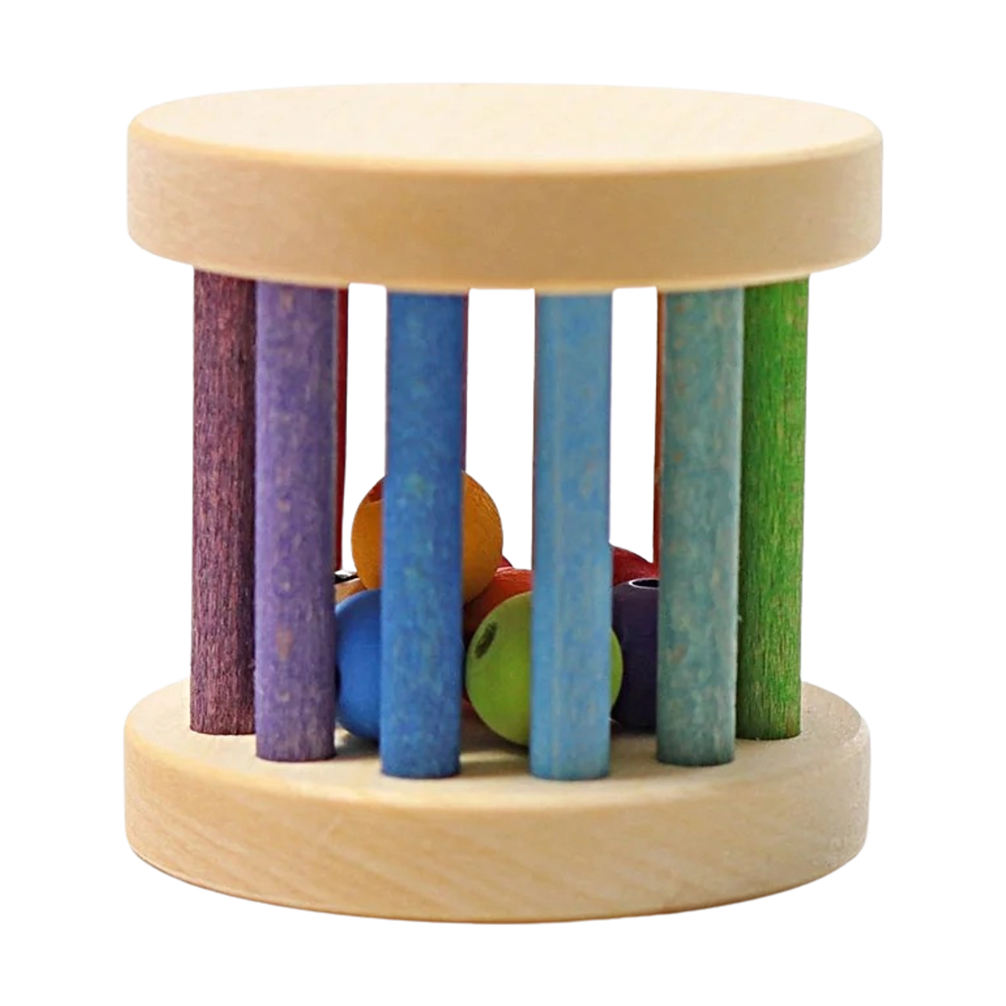 Rassel: Regenbogen Mini-Babyroller aus Linden- und Buchenholz. Zwei flache Holzscheiben verbinden bunte Holzstäbe, die eine Holzkugeln und Glöckchen enthaltende Käfig-Struktur bilden. Fördert Greifen und Feinmotorik.