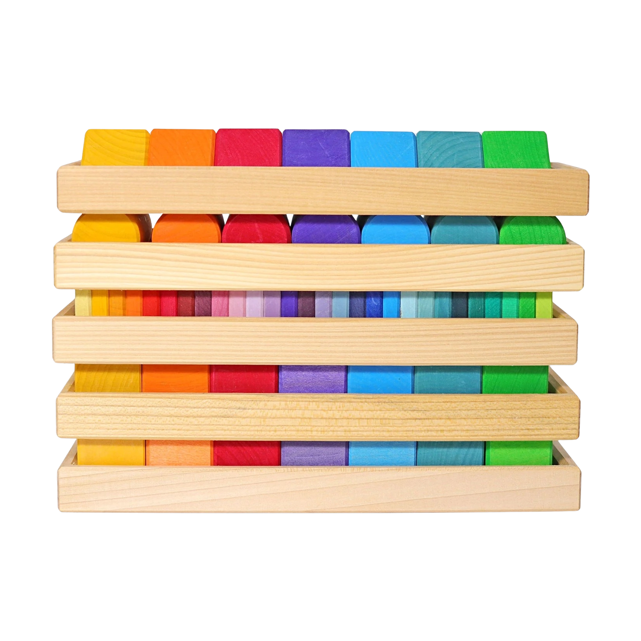 Bausteine: Formen und Farben zeigt einen Holzrahmen mit 70 farblich lasierten Lindenholzklötzen, ideal für Montessori-Lernen. Perfekt zum Erforschen von Farben und Formen, handgefertigt in Deutschland.