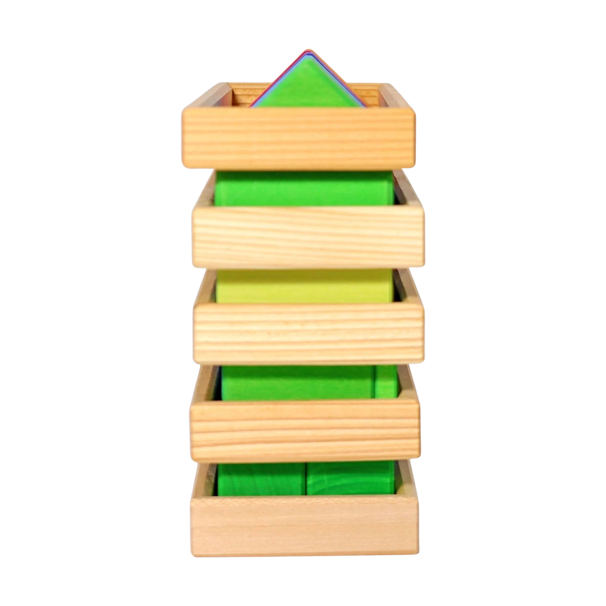 Bausteine: Formen und Farben zeigt fünf stapelbare Holzrahmen mit grünen Bauklötzen. Diese Montessori-Spielstruktur aus deutscher Handarbeit fördert spielerisch das Verständnis von Formen und Farben und spiegelt nachhaltige Produktion wider.