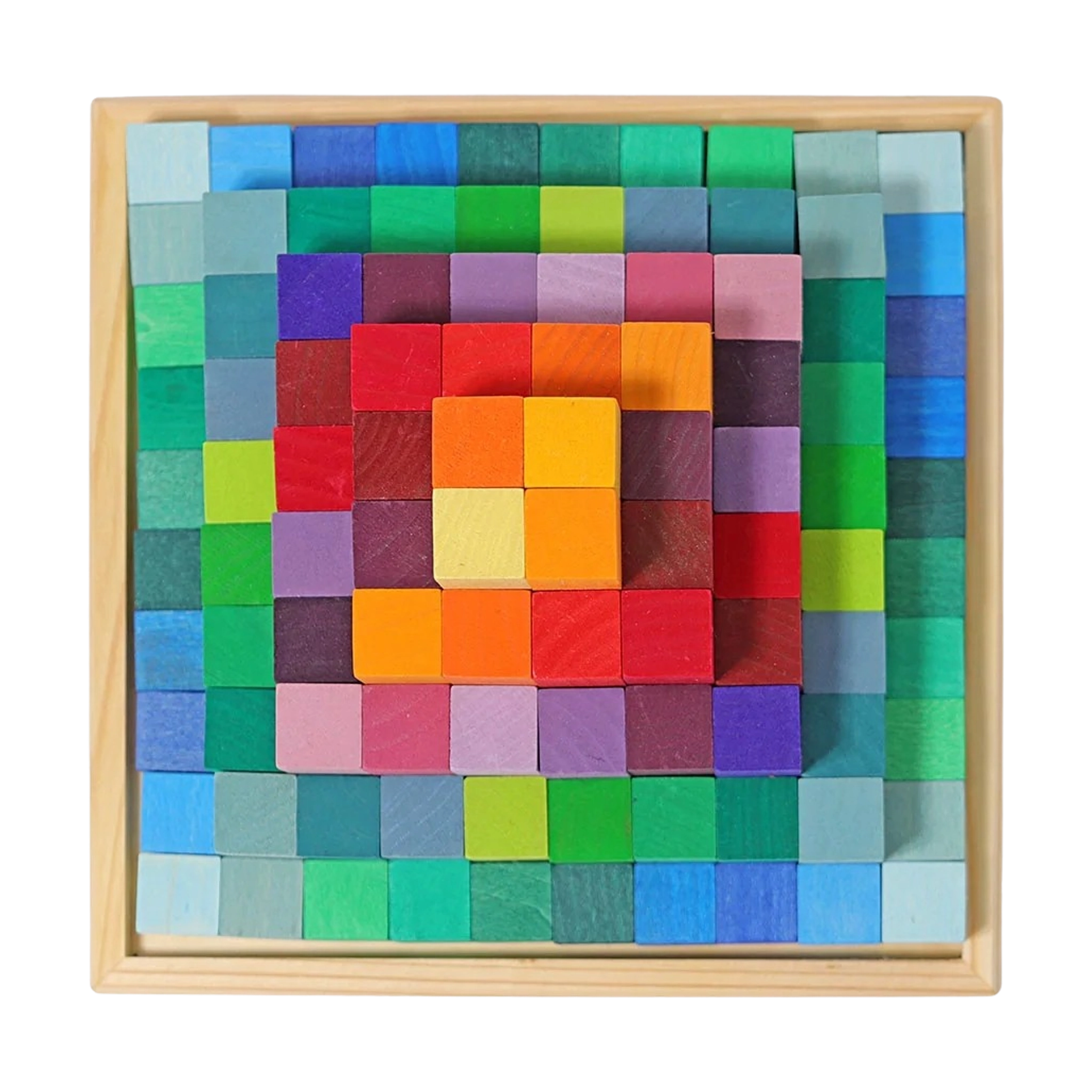 Freies Spiel: Kleine Stufenpyramide, ein quadratisches Holztablett mit 100 farblich abgestuften Lindenholz-Bauklötzen in konzentrischen Kreisen, fördert Feinmotorik und Kreativität, hergestellt in Deutschland.