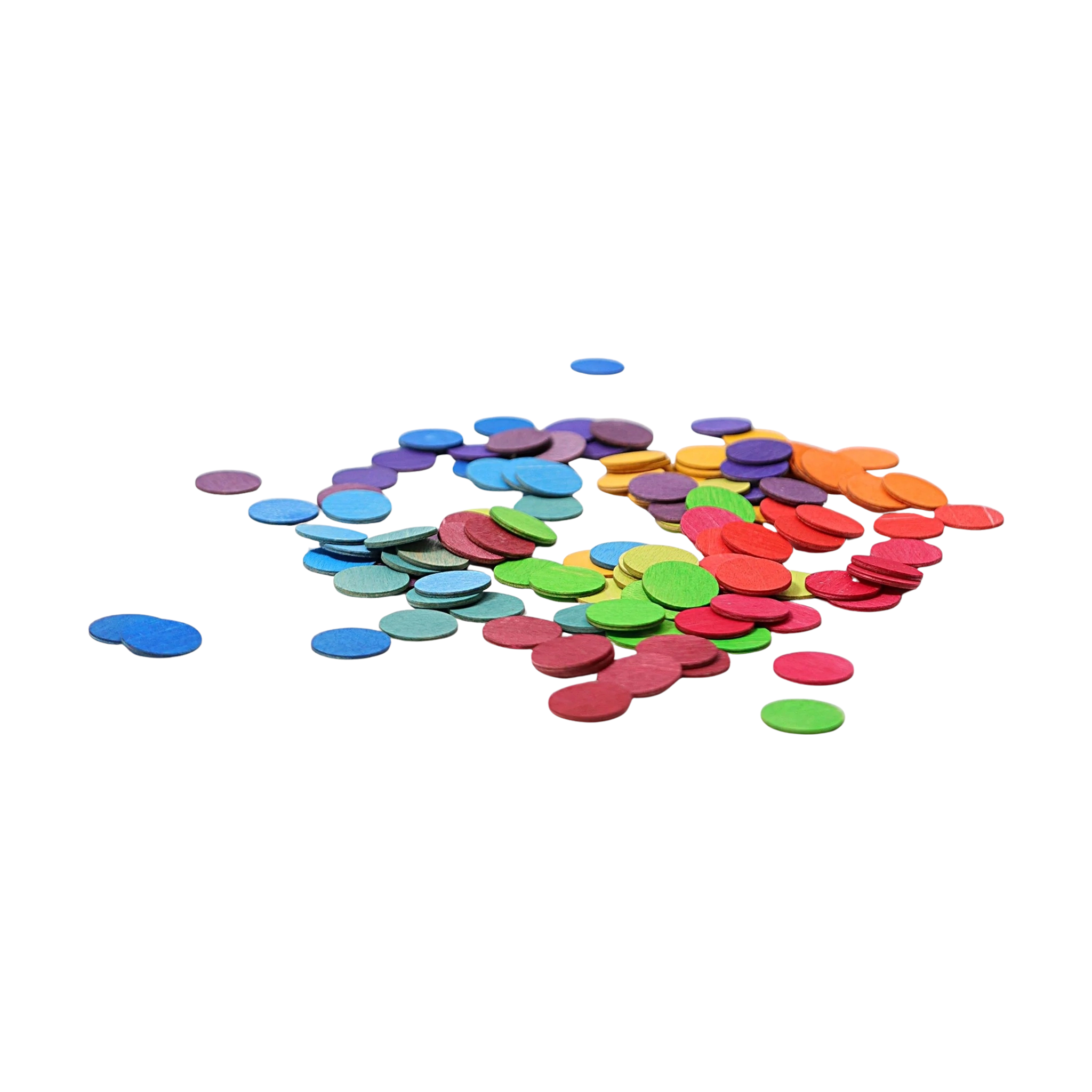 Freies Spiel: Konfettitaler Regenbogen zeigt eine bunte Ansammlung flacher, runder Holzchips, ideal zur Tischdekoration bei Feierlichkeiten, hergestellt in einer deutschen Manufaktur, vereint Ästhetik und Nachhaltigkeit.