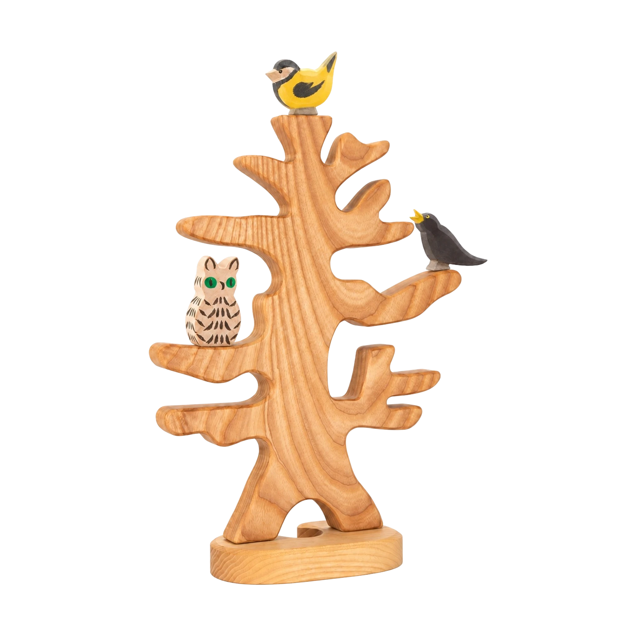 Set Vogelgezwitscher mit Vogelbaum, Eule, Meise und Amsel aus Holz