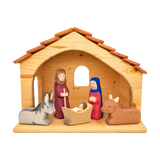 Weihnachtskrippe mit Maria, Josef, Kind, Ochse und Esel
