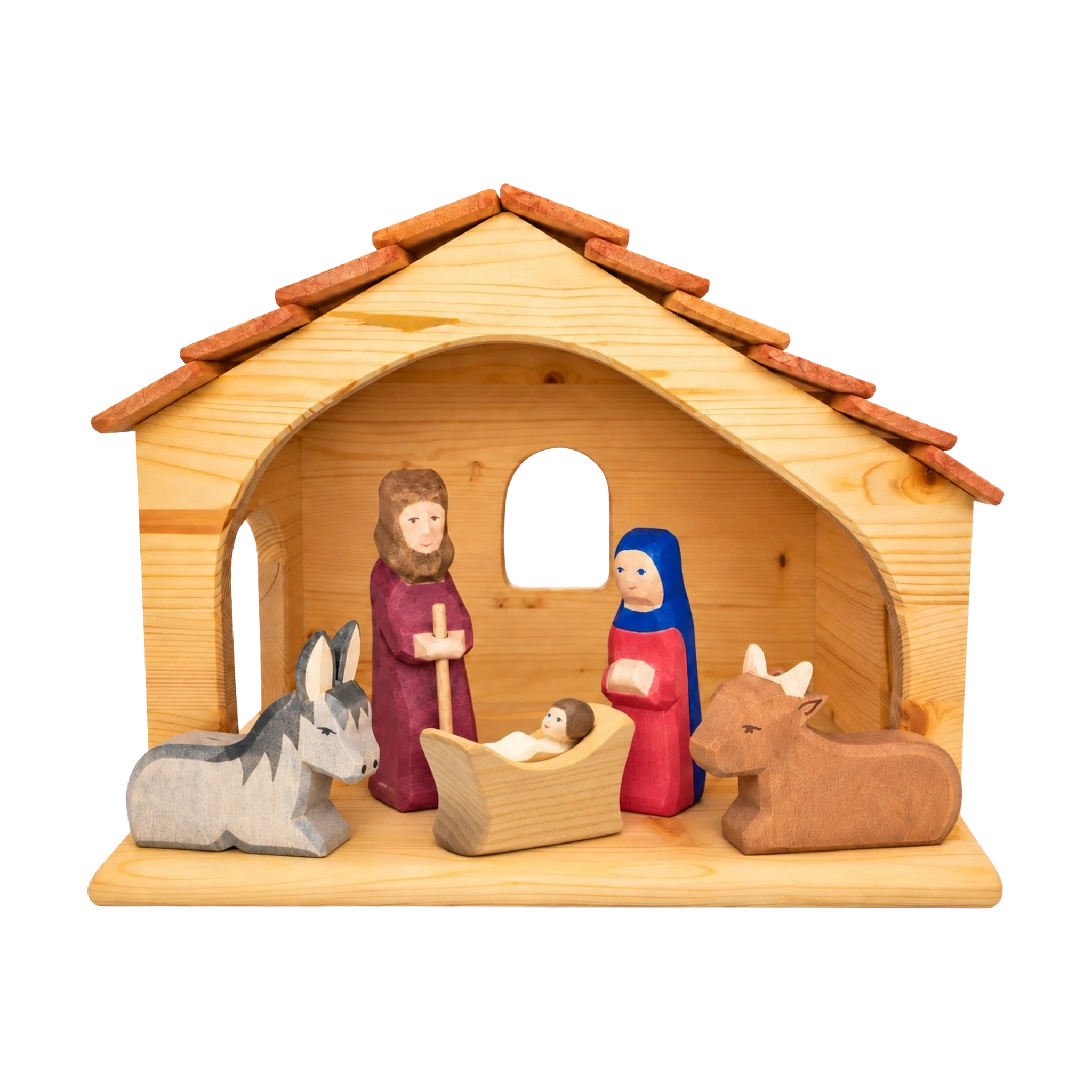 Weihnachtskrippe mit Maria, Josef, Kind, Ochse und Esel