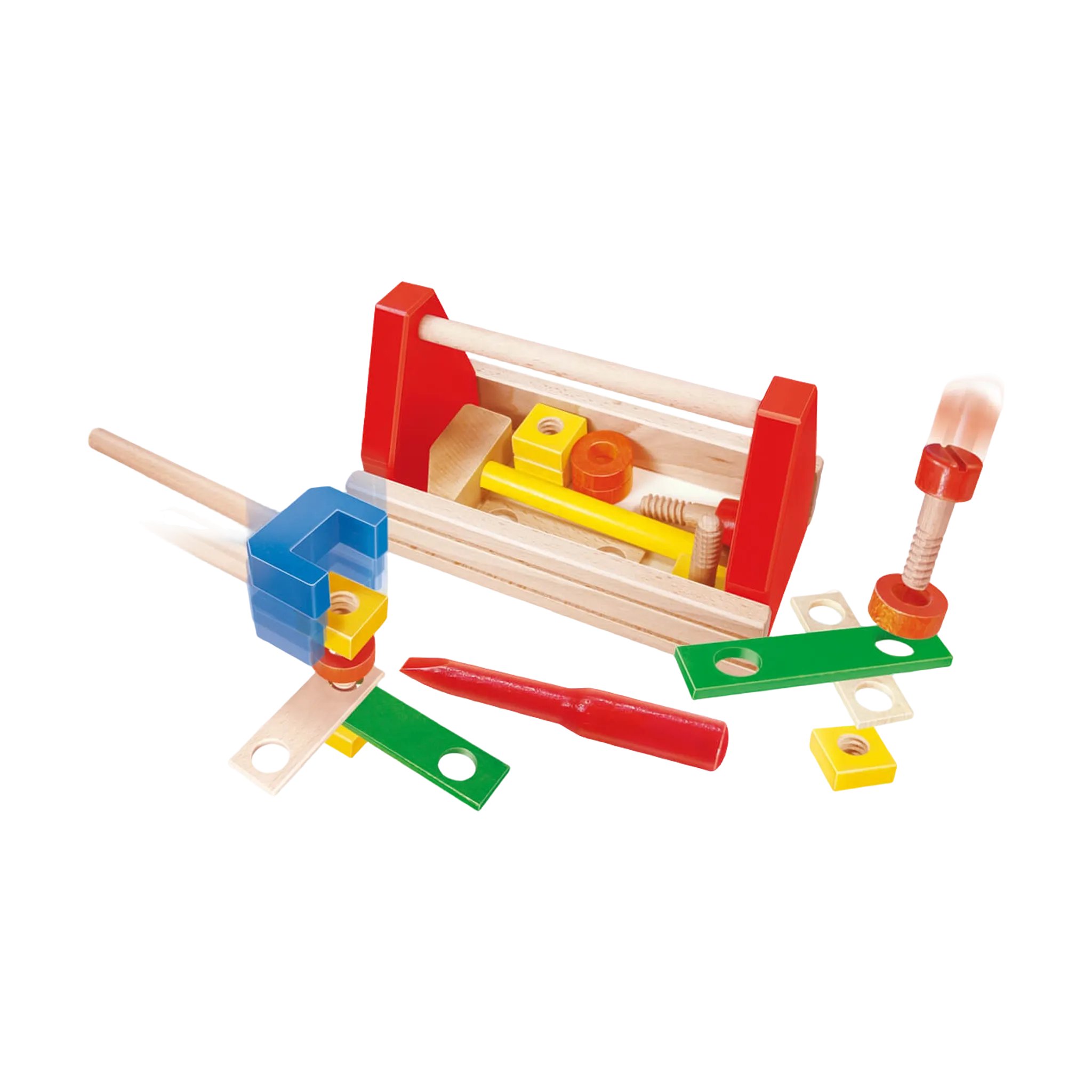 Werkzeugkoffer Hobby-Box aus Holz mit bunten Werkzeugen