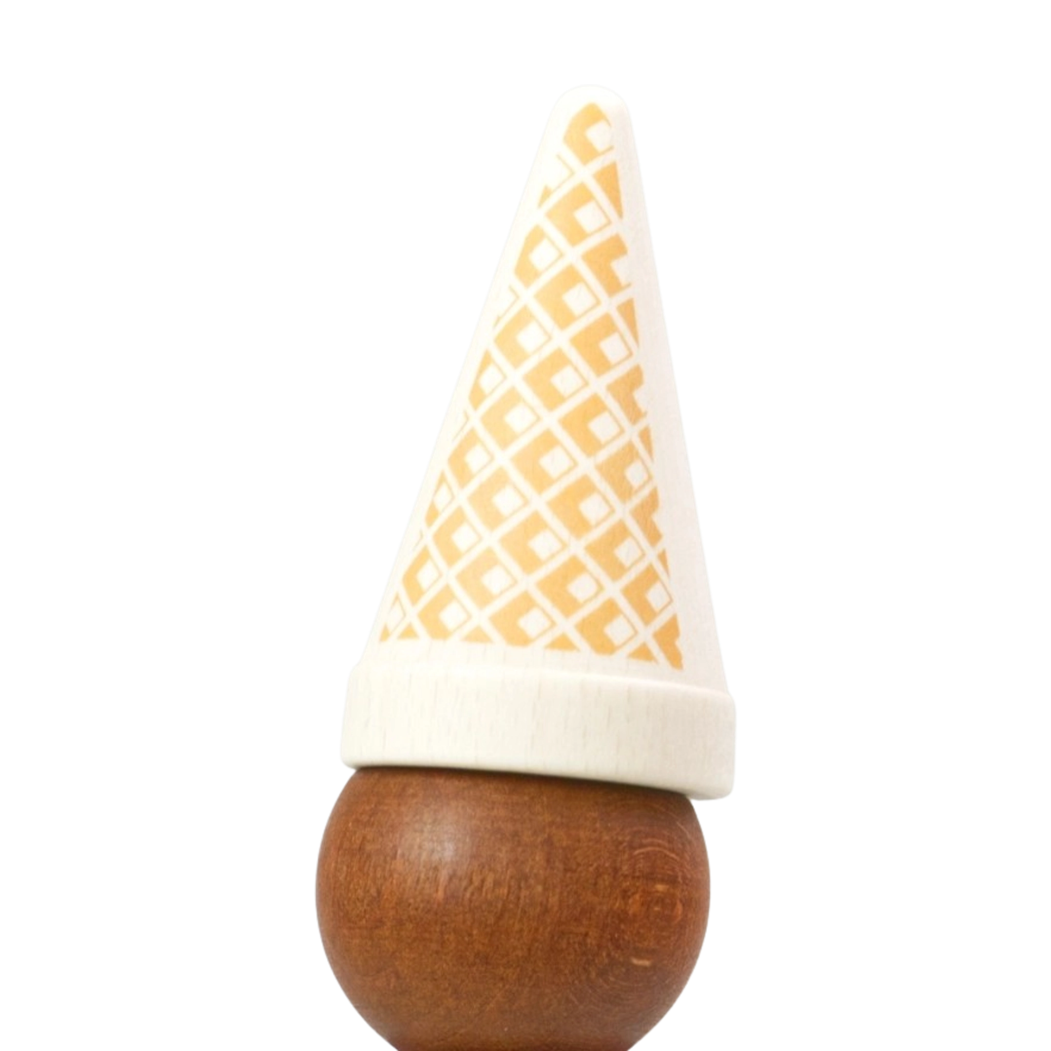 Lebensmittel: Eistüte Schokolade, ein stilisiertes Spielzeug aus heimischem, farbig lackiertem Buchenholz, in Form einer Holzkugel mit Papiertüte. Handgefertigt in Deutschland, ideal für realitätsnahes Rollenspiel.