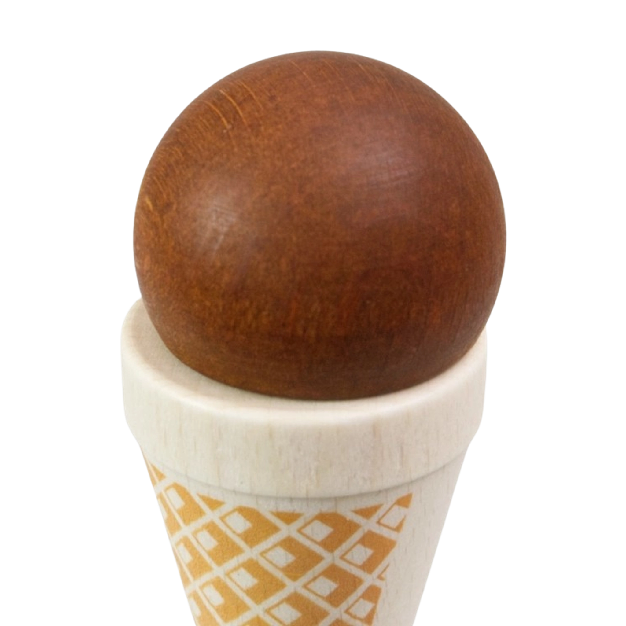 Lebensmittel: Eistüte Schokolade, ein liebevoll gestaltetes Holzspielzeug aus heimischem Buchenholz, zeigt einen Eiskugel-Ball in Schokoladenoptik auf einem hellen, mit Waffelmuster verzierten Kegel, ideal für realistisches Rollenspiel.