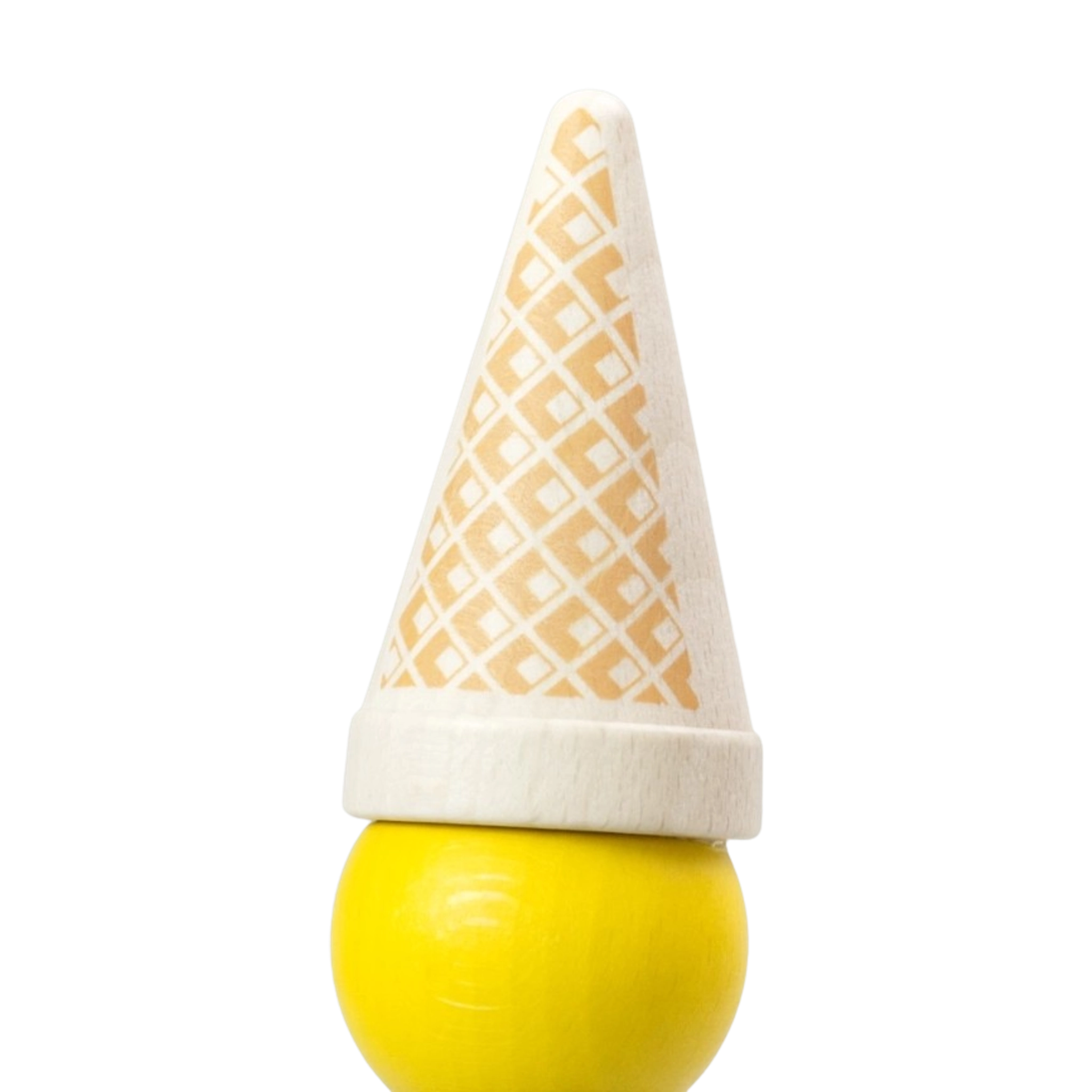 Lebensmittel: Eistüte Vanille aus heimischem Buchenholz zeigt eine detaillierte, realistische Holz-Eistüte mit diamantgemustertem Waffeloberteil auf gelber Kugel, perfekt für fantasievolles Rollenspiel, hergestellt in deutscher Holzmanufaktur.