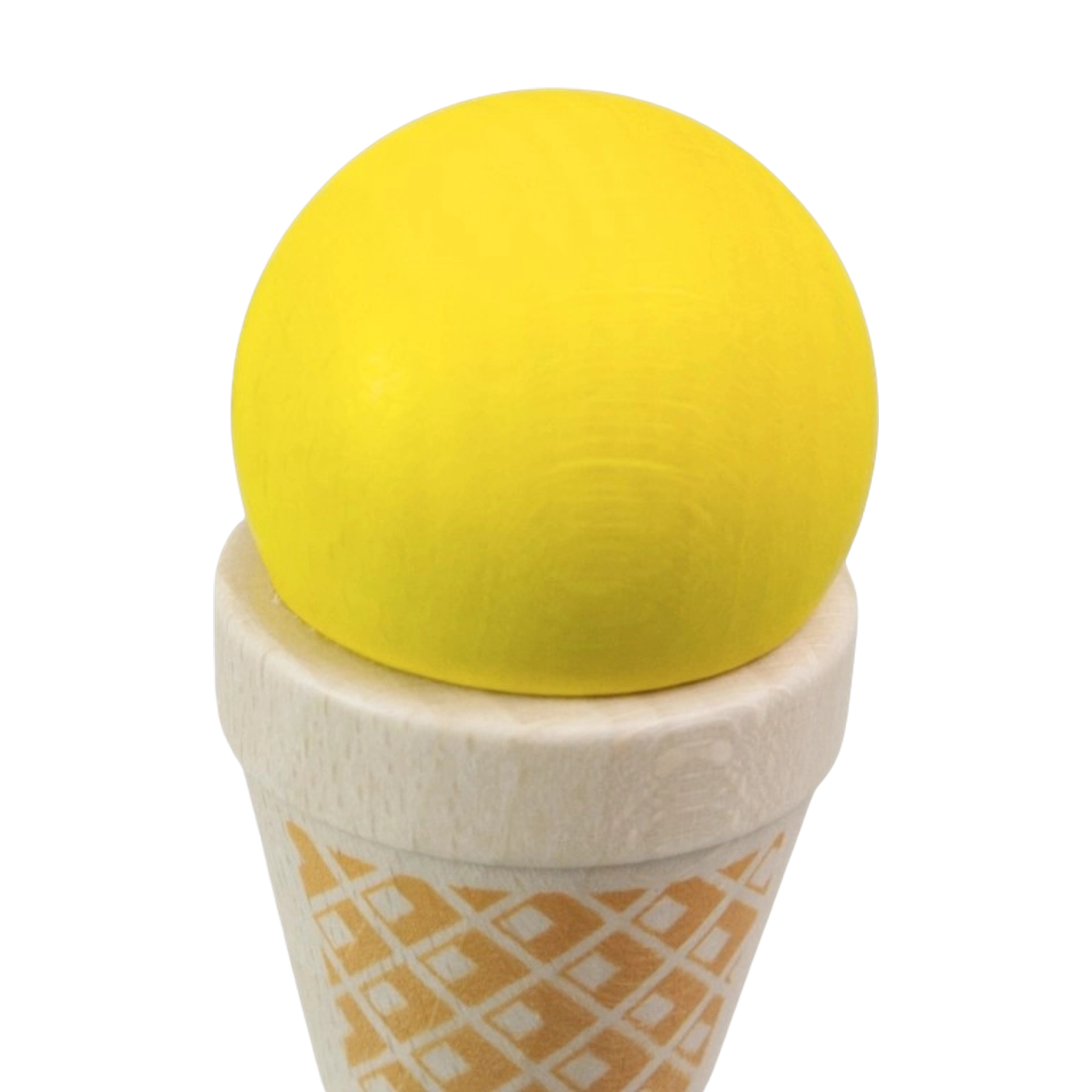 Lebensmittel: Eistüte Vanille - Ein liebevoll gestaltetes Spielzeug aus heimischem, farbig lackiertem Buchenholz, mit einem gelben Scoop auf einem Waffelmuster-Kegel, ideal für realitätsnahes Rollenspiel.