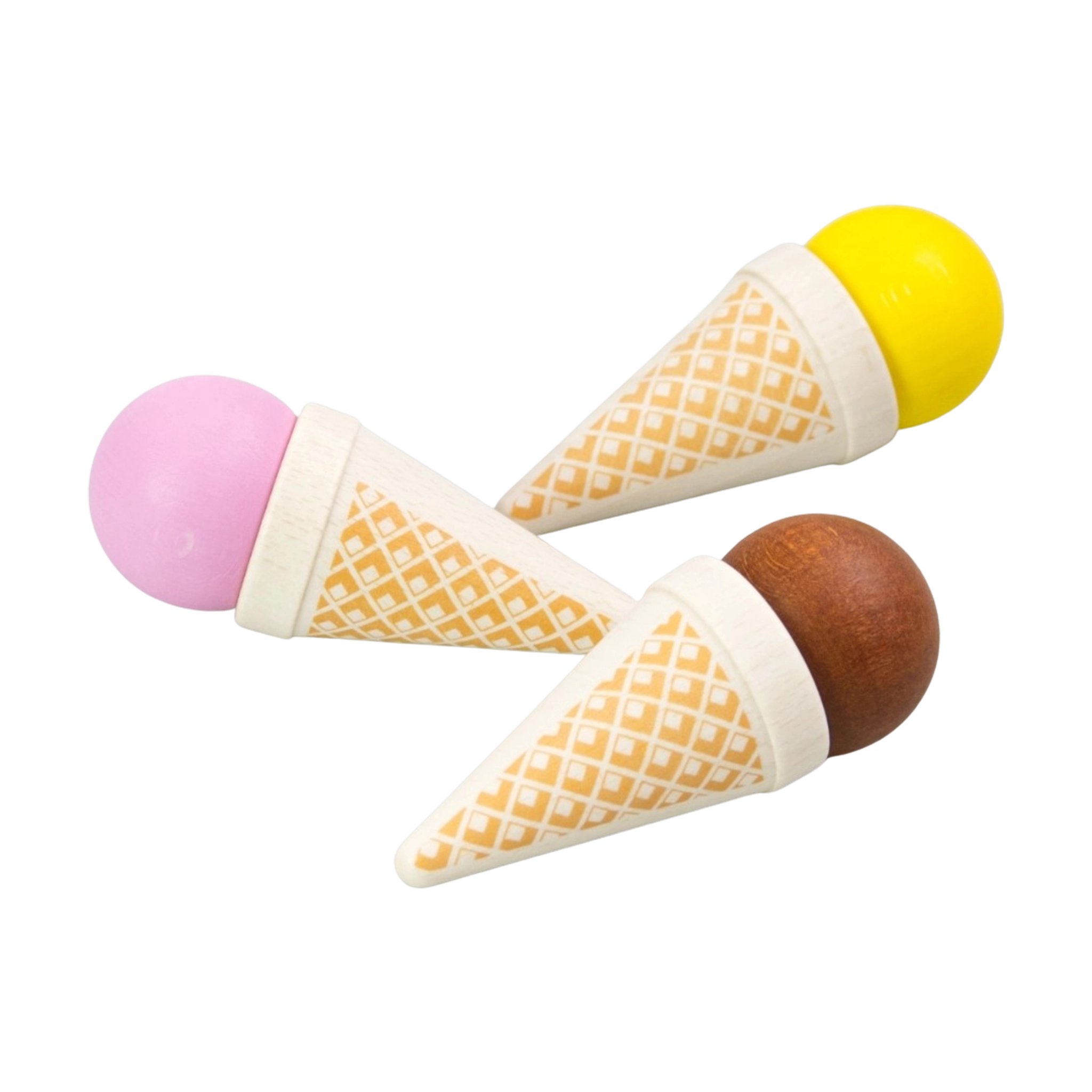 Lebensmittel: Eistüte Erdbeer zeigt eine aus heimischem, farbig lackiertem Buchenholz gefertigte Spielzeugeistüte mit detailliertem Waffelmuster und pinker Kugel für realistisches Rollenspiel, hergestellt in einer deutschen Holzmanufaktur.