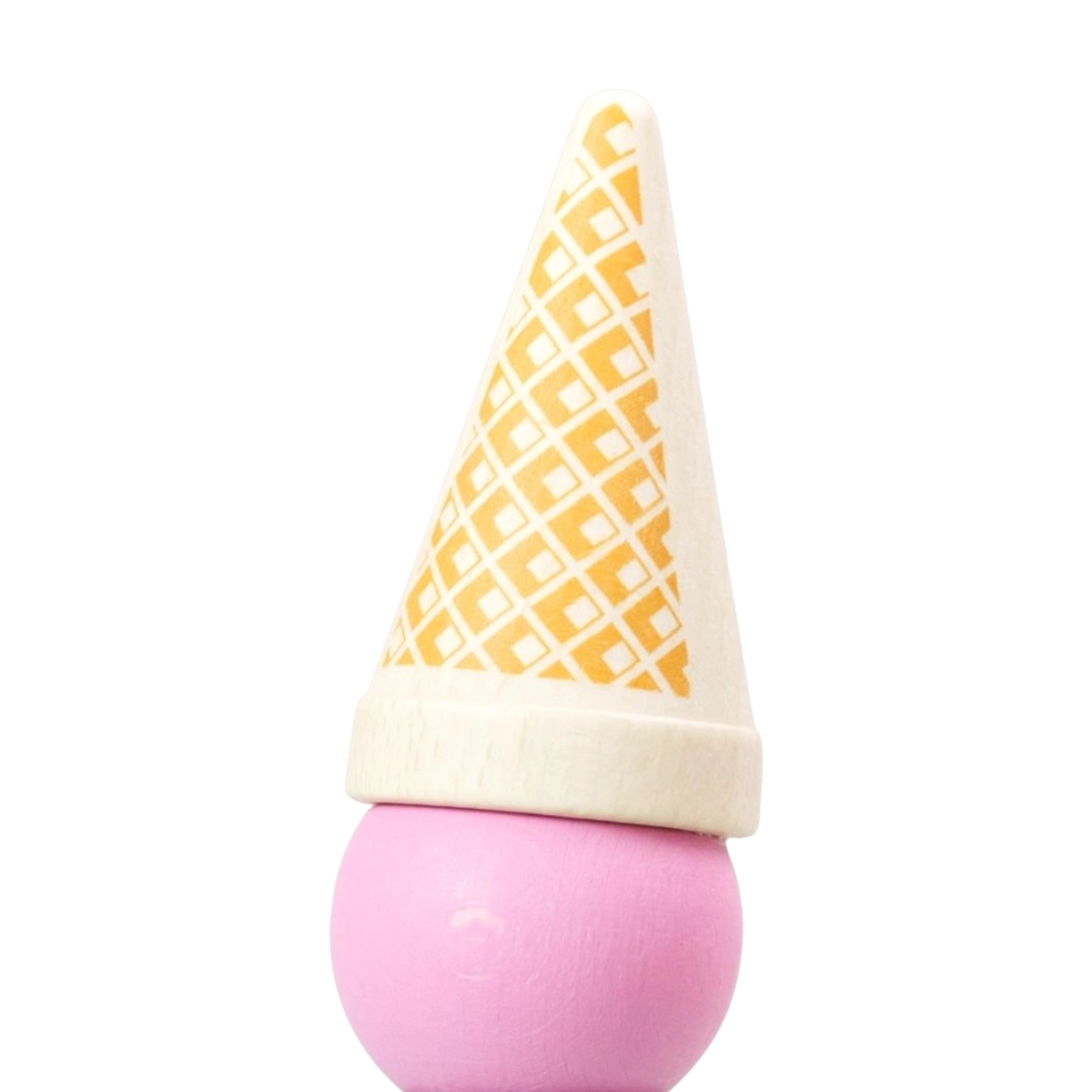 Lebensmittel: Eistüte Erdbeer - Ein liebevoll gestaltetes Spielzeug aus heimischem Buchenholz, mit einer pinken Kugel als Erdbeerscoop und einem beige Kegel mit gelbem Waffelmuster, ideal für kreatives Rollenspiel.