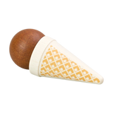 Lebensmittel: Eistüte Schokolade aus heimischem, farbig lackiertem Buchenholz. Der detailreiche, realitätsnahe Holzspielzeug-Eisbecher besteht aus einer braunen Holzscoop und einer cremefarbenen Waffel mit Muster.