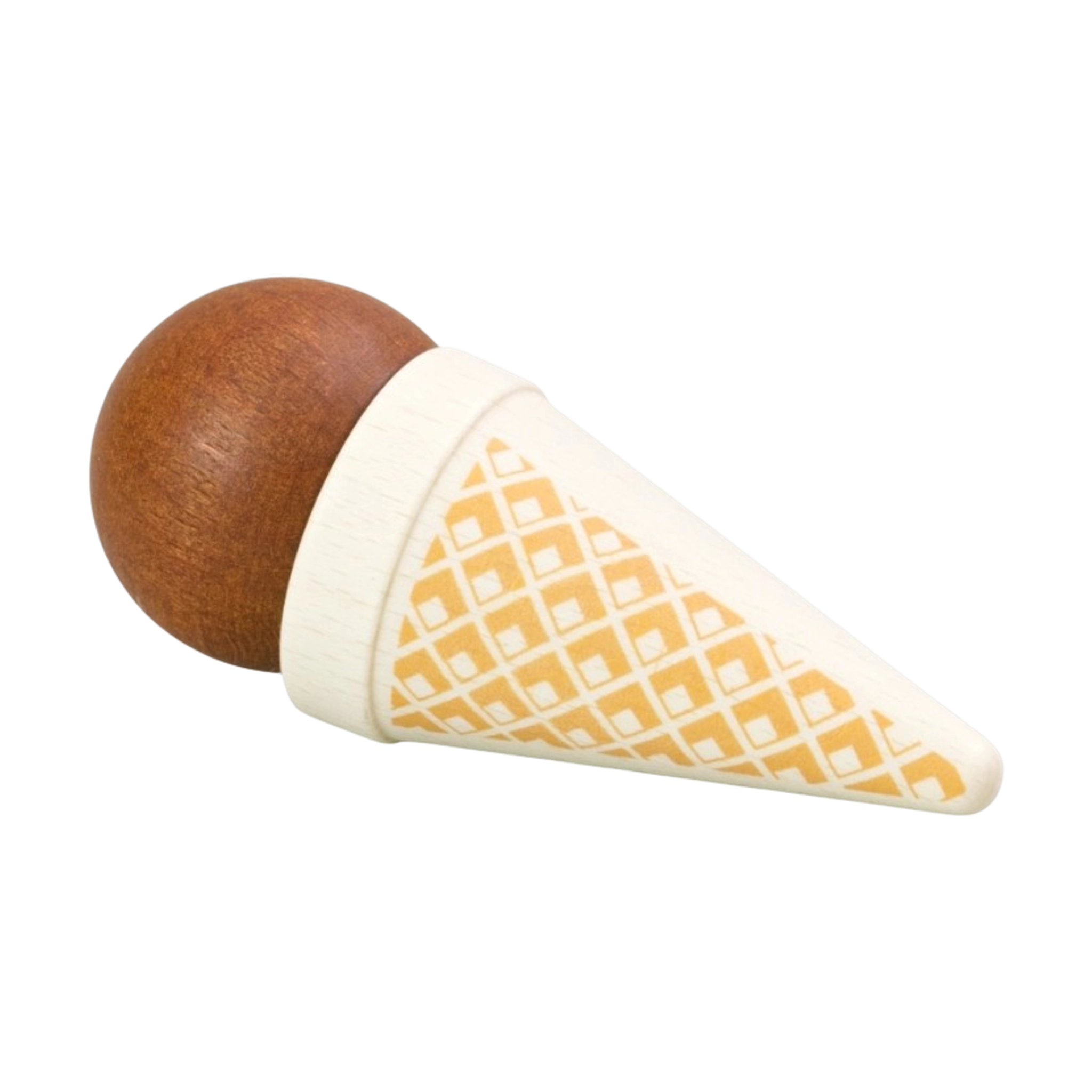 Lebensmittel: Eistüte Schokolade aus heimischem, farbig lackiertem Buchenholz. Der detailreiche, realitätsnahe Holzspielzeug-Eisbecher besteht aus einer braunen Holzscoop und einer cremefarbenen Waffel mit Muster.
