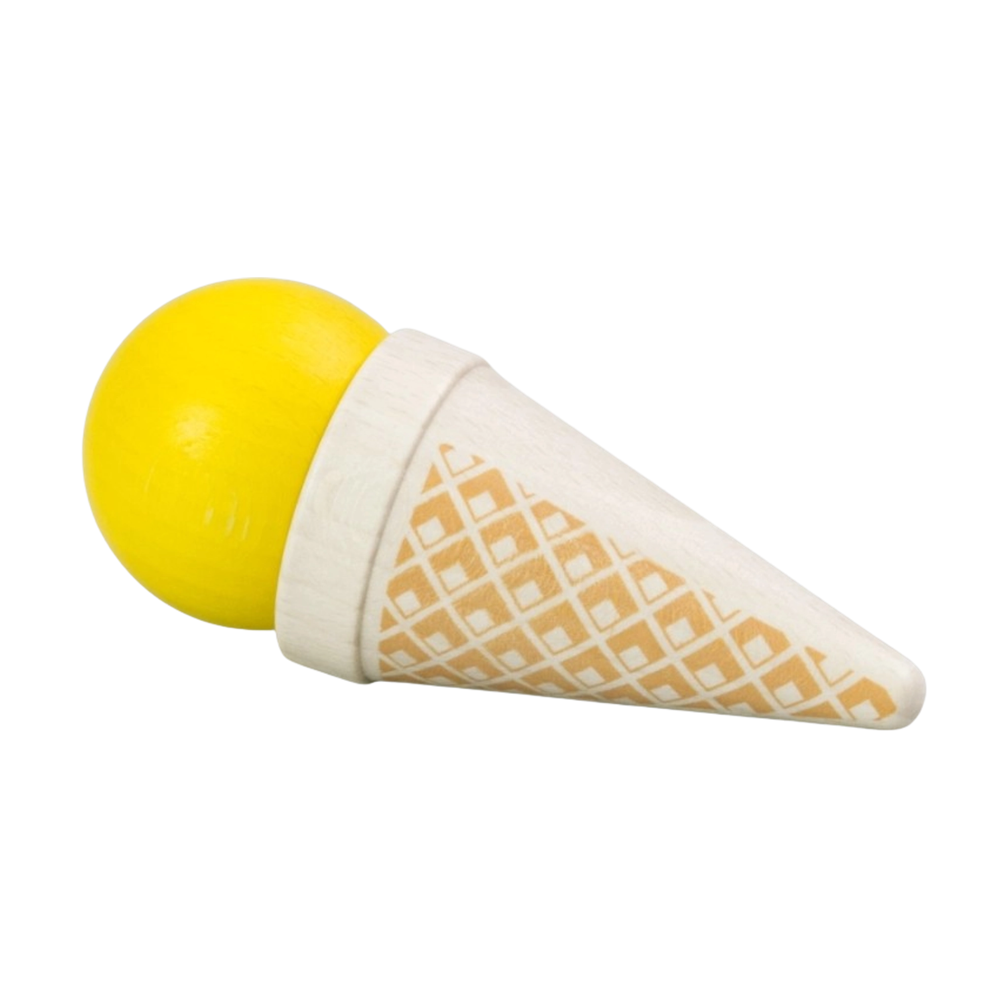 Lebensmittel: Eistüte Vanille aus heimischem Buchenholz. Der gelbe Scoop sitzt auf einem leicht gebeizten Holzkegel mit Waffelmuster, ideal für realitätsnahes Rollenspiel, hergestellt in einer deutschen Holzmanufaktur.