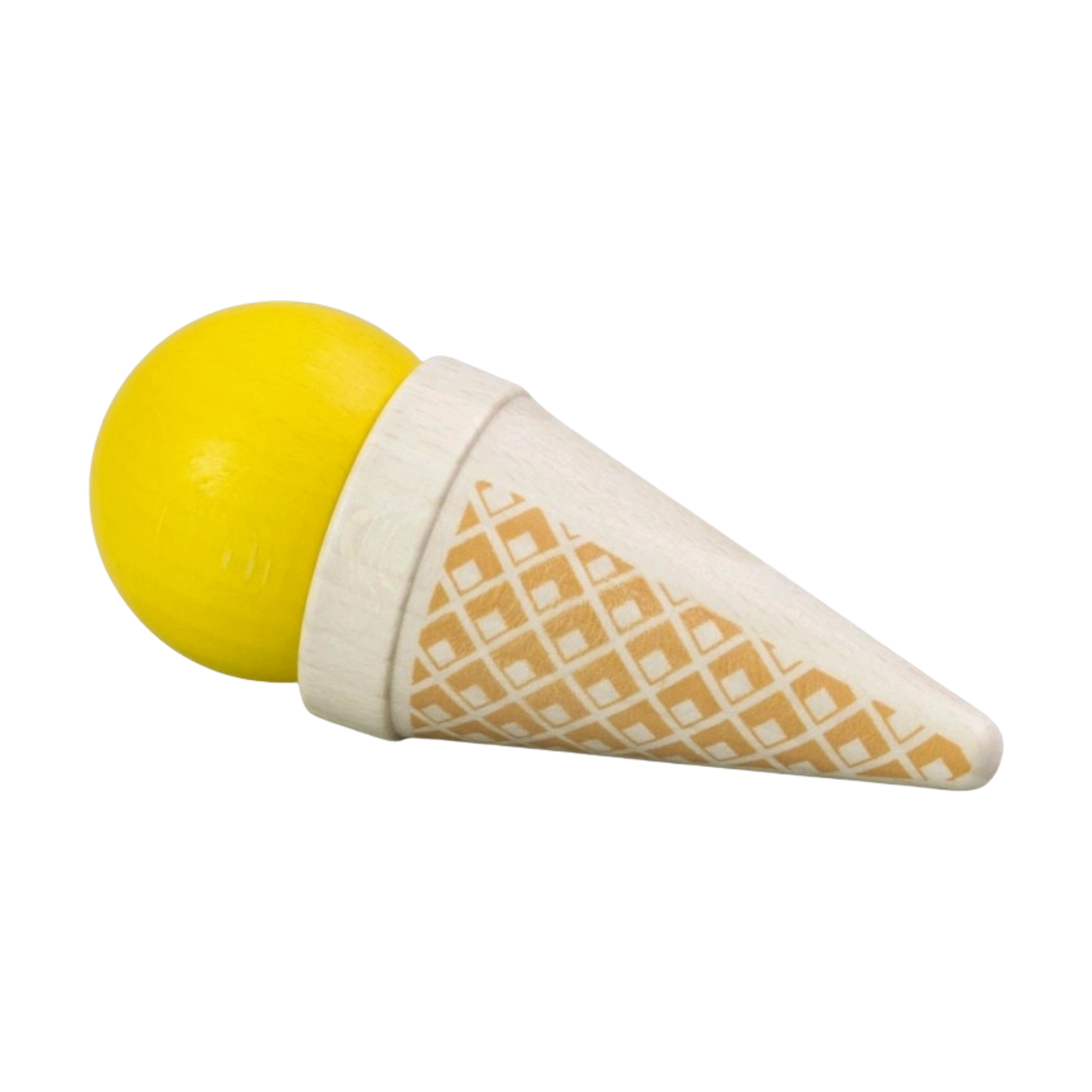 Lebensmittel: Eistüte Vanille - ein liebevoll gestaltetes Spielzeug aus heimischem Buchenholz, mit einem gelben Eiskugelaufsatz, ideal für realistisches Rollenspiel, hergestellt in einer deutschen Holzmanufaktur.