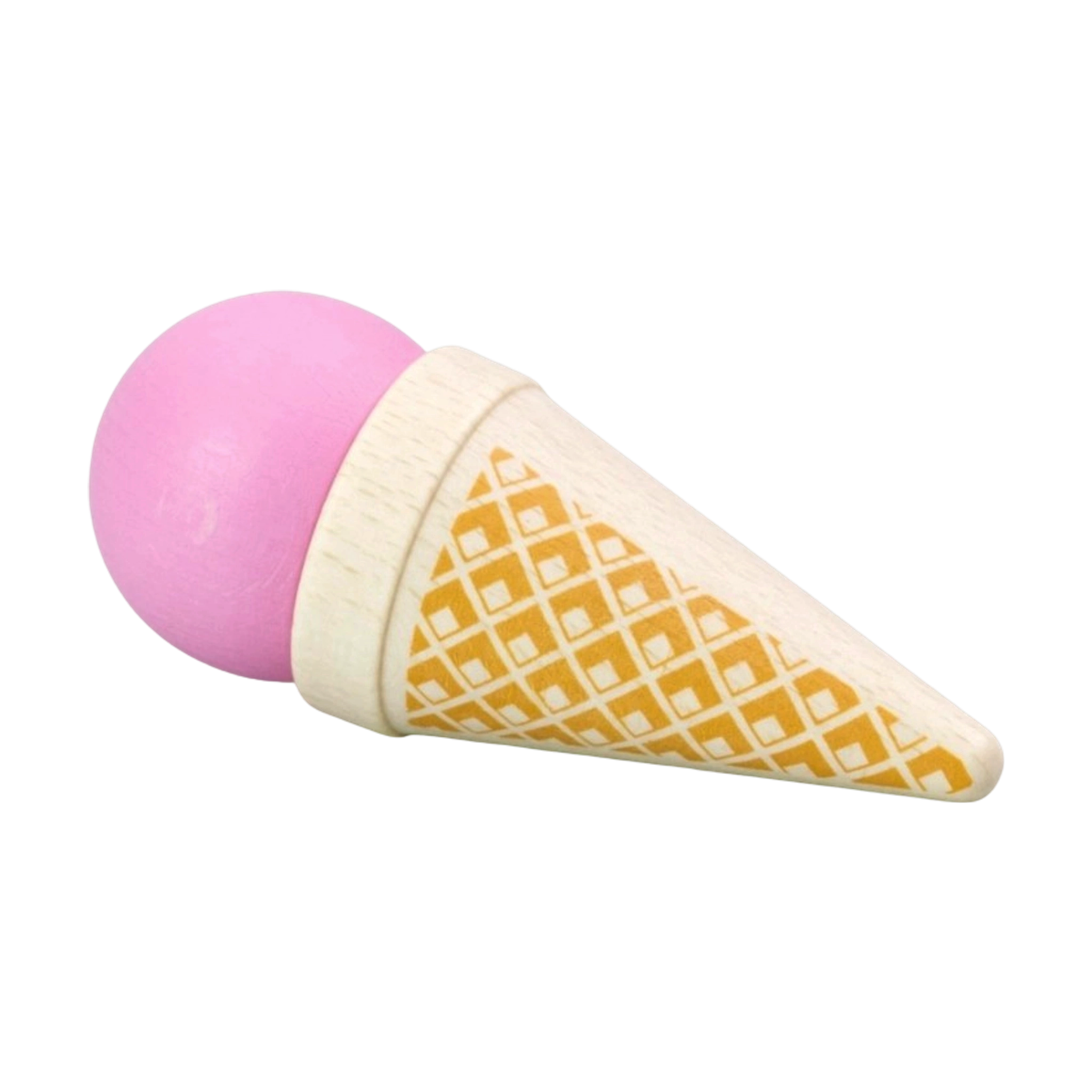 Lebensmittel: Eistüte Erdbeer, ein liebevoll gestaltetes Spielzeug aus heimischem Buchenholz. Die Eistüte hat ein bemaltes Waffelmuster mit einer abnehmbaren rosafarbenen Eiskugel, ideal für realitätsnahes Rollenspiel.