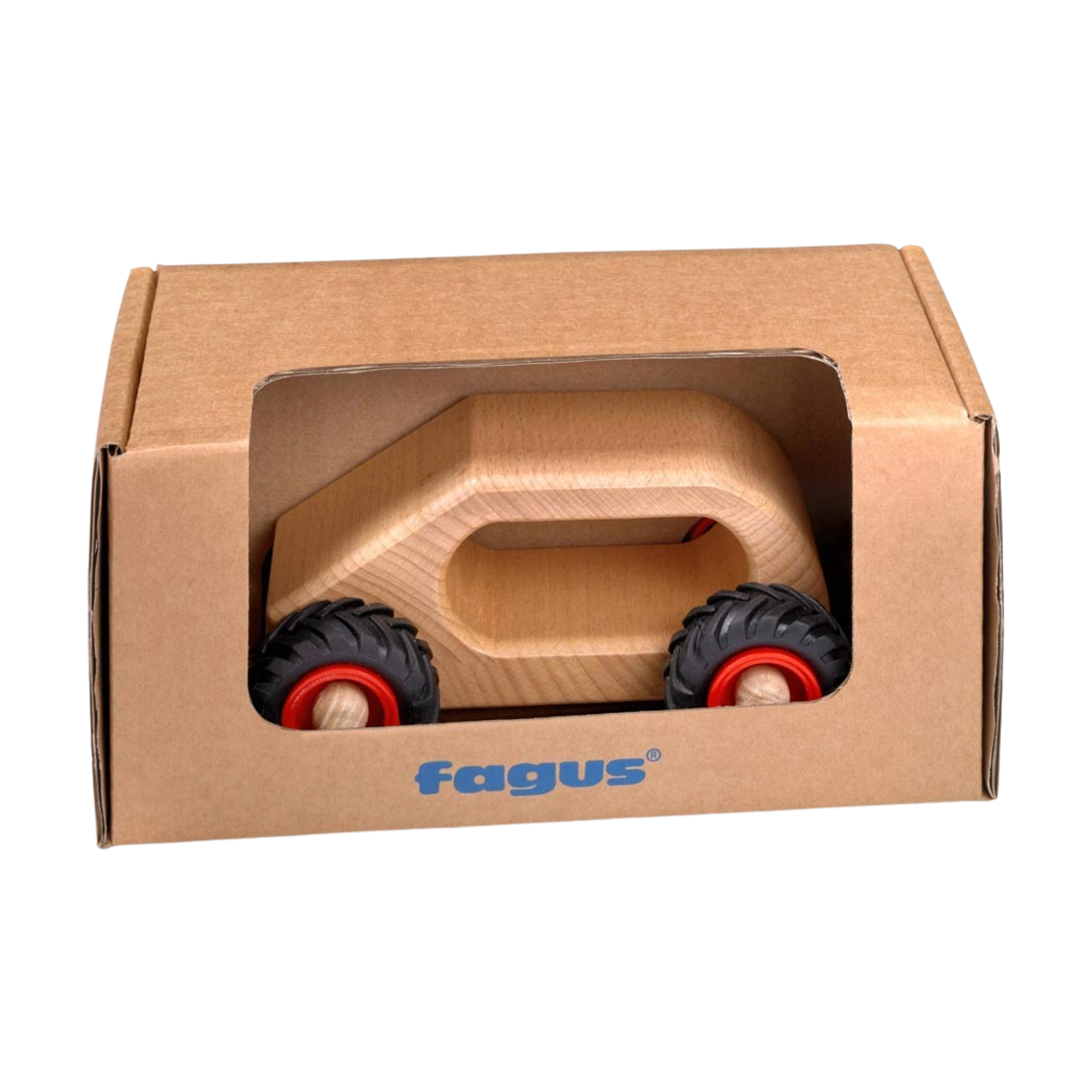 Holzfahrzeug: Knubbelauto Van aus massivem Buchenholz, präsentiert in einer schlichten braunen Kartonbox. Das Design mit rotem Radnaben fördert motorische Fähigkeiten und Rollenspiele, ideal für kleine Hände, hergestellt in Deutschland.