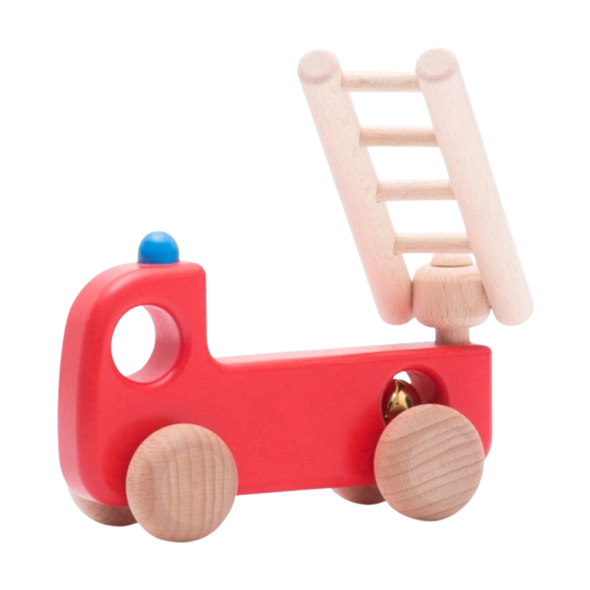 Holzfahrzeug: Feuerwehrauto aus robustem Buchen- und Ahornholz mit schwenkbarer Leiter und Glocke, auf natürlichen Holzrädern. Handgefertigt in Polen, verkörpert es nachhaltige Ästhetik und Design von KLICKKLACK.