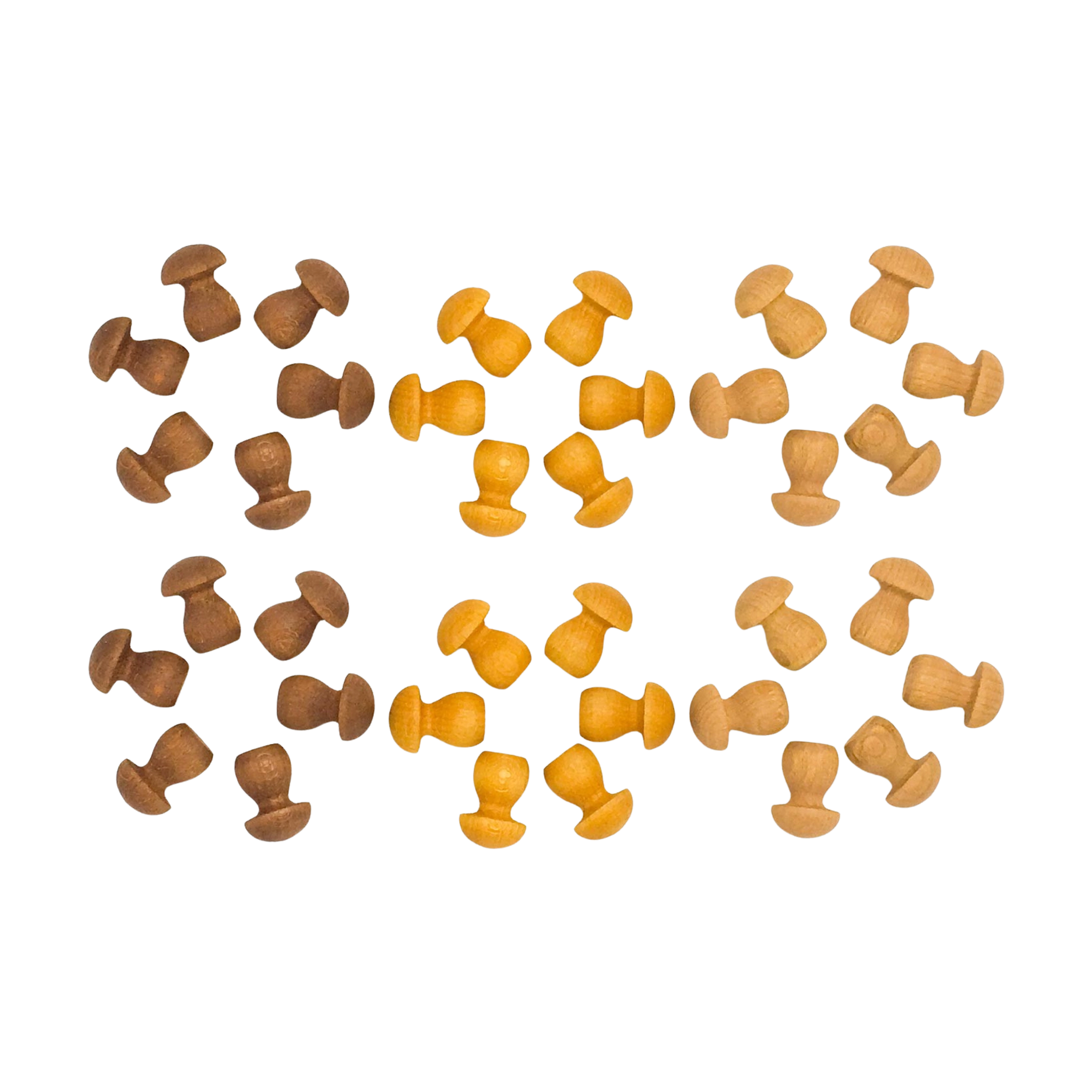 Freies Spiel: Mandala Mushroom, ein Set aus 36 handgefertigten, pilzförmigen Holzperlen in verschiedenen Brauntönen. Ideal für kreatives Spielen und Gestalten, aus nachhaltig bewirtschaftetem Holz gefertigt.